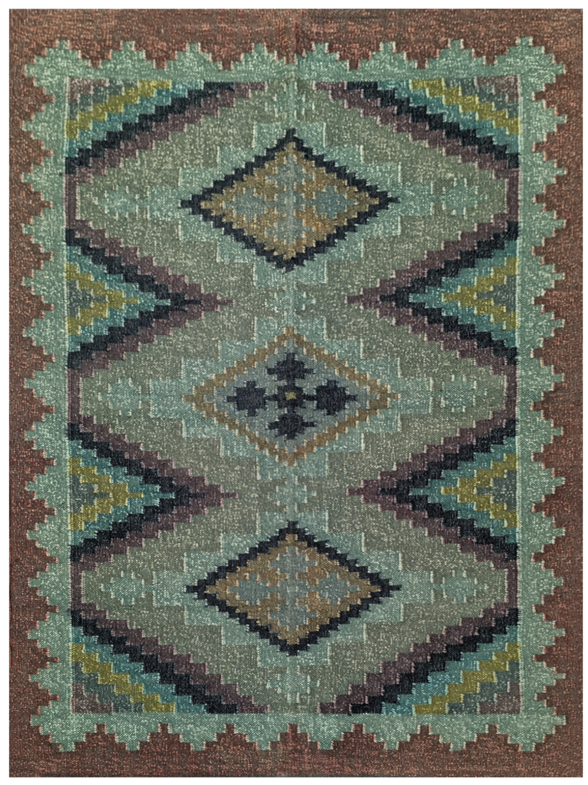 Inspired by the serene transition from day to night, the Dusk Haven Kilim Rug blends rich, moody hues with timeless geometric patterns. Handwoven by skilled artisans using premium wool, this flatweave rug features a mesmerizing diamond motif set against a soothing palette of deep teal, forest green, muted indigo, and earthy brown. The intricate stepped border adds a sense of structure while maintaining a soft, organic aesthetic.