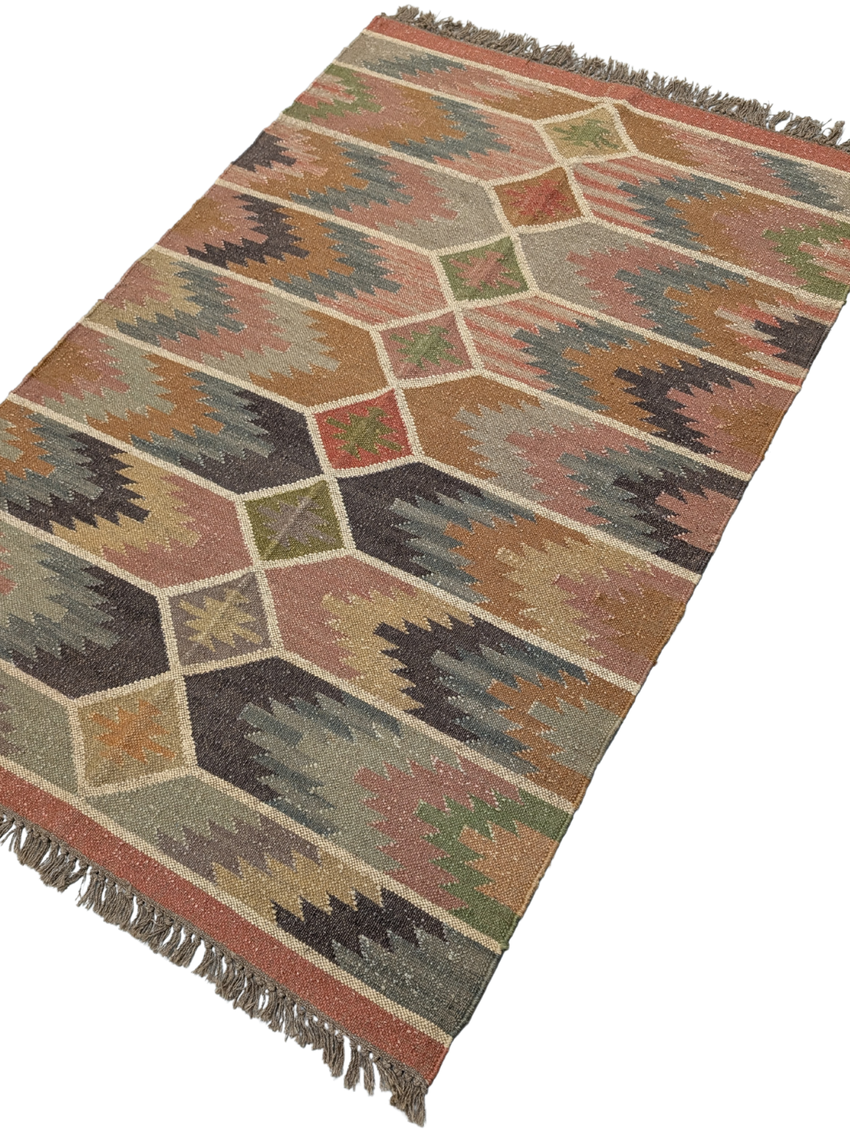 Inspired by the raw beauty of rugged landscapes, the Echoes of the Highlands Kilim Rug brings a sense of tranquility and timeless craftsmanship to your home. Handwoven by skilled artisans, this wool flatweave rug features a mesmerizing geometric design with earthy hues of sage green, terracotta, charcoal, soft beige, and muted blues, evoking the essence of misty highlands and rolling hills. Its intricate diamond motifs and horizontal patterns create a harmonious blend of tradition and modernity, making it a