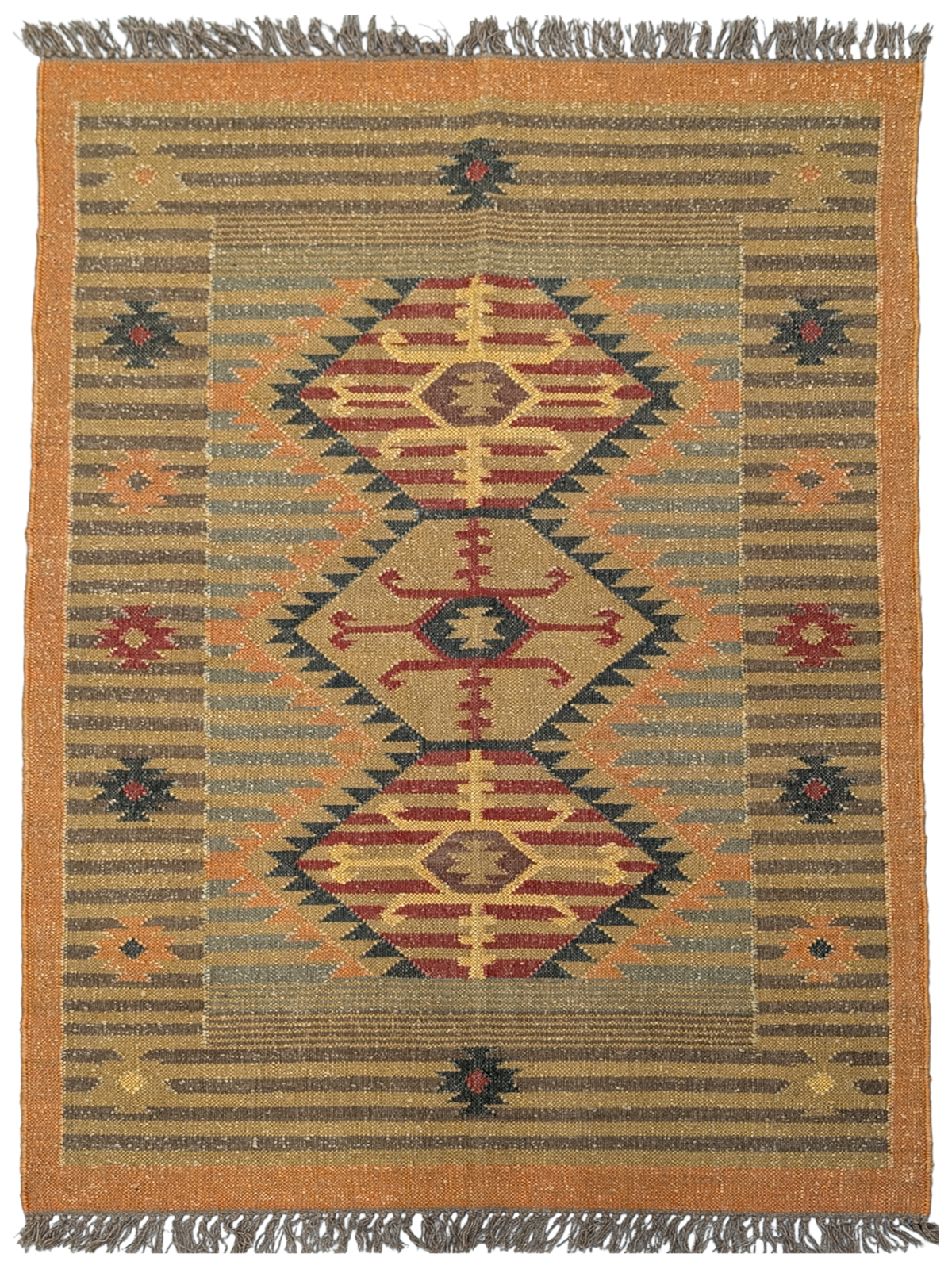 Inspired by the sunlit landscapes of the Southwest, the Golden Mesa Kilim Rug radiates warmth and character. Handwoven by skilled artisans using traditional techniques, this wool flatweave rug features a striking central medallion with intricate tribal motifs, framed by a structured border in golden ochre, deep red, and muted blue-gray tones. Subtle striped patterns and delicate geometric details enhance its timeless appeal.