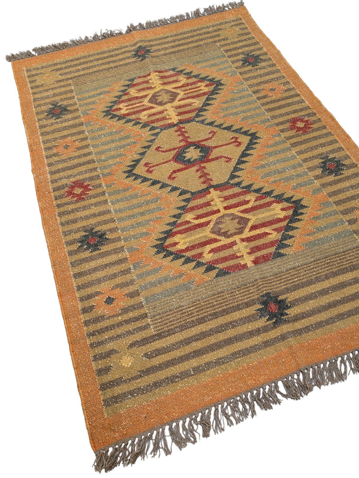 Inspired by the sunlit landscapes of the Southwest, the Golden Mesa Kilim Rug radiates warmth and character. Handwoven by skilled artisans using traditional techniques, this wool flatweave rug features a striking central medallion with intricate tribal motifs, framed by a structured border in golden ochre, deep red, and muted blue-gray tones. Subtle striped patterns and delicate geometric details enhance its timeless appeal.