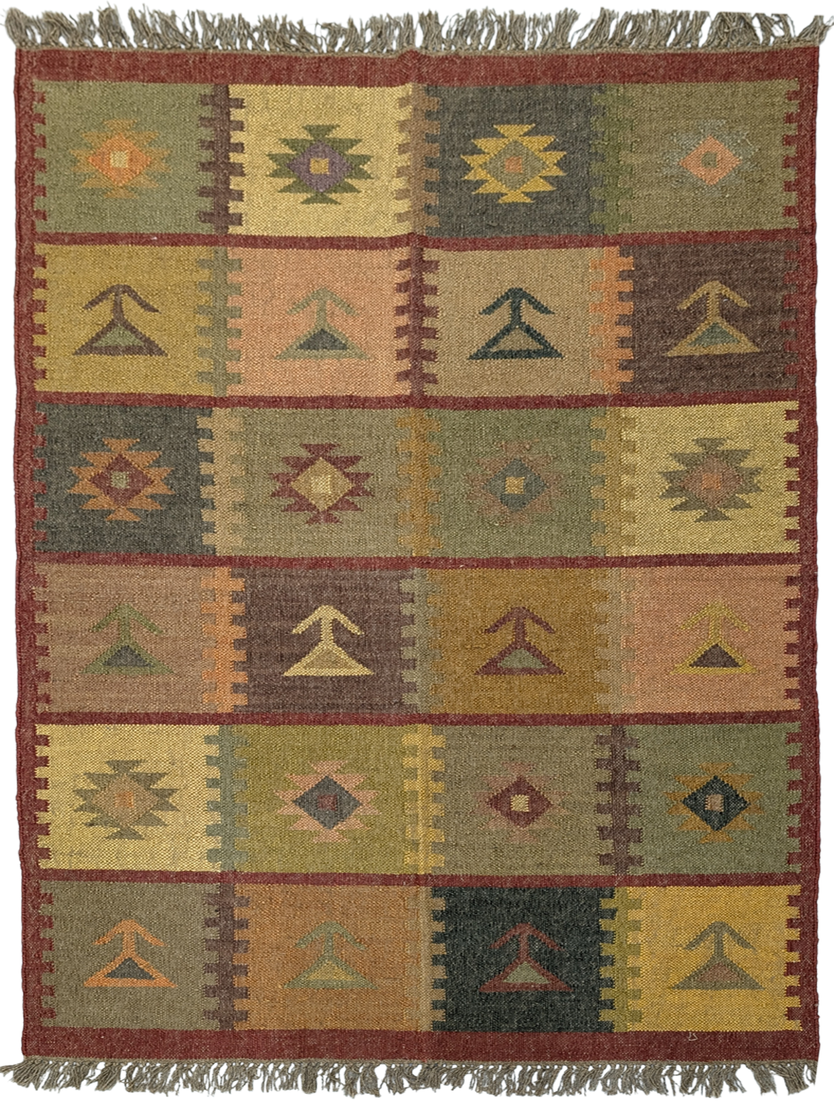 Inspired by the earthy hues of autumn fields, the Harvest Patch Kilim Rug is a timeless masterpiece that brings warmth and tradition into your home. Handwoven by skilled artisans using premium wool, this rug features a striking patchwork of geometric and tribal motifs, arranged in a harmonious grid-like formation. The palette of muted ochre, forest green, terracotta, deep maroon, and soft mustard captures the essence of nature’s bounty, making it a perfect addition to rustic, bohemian, or eclectic interiors