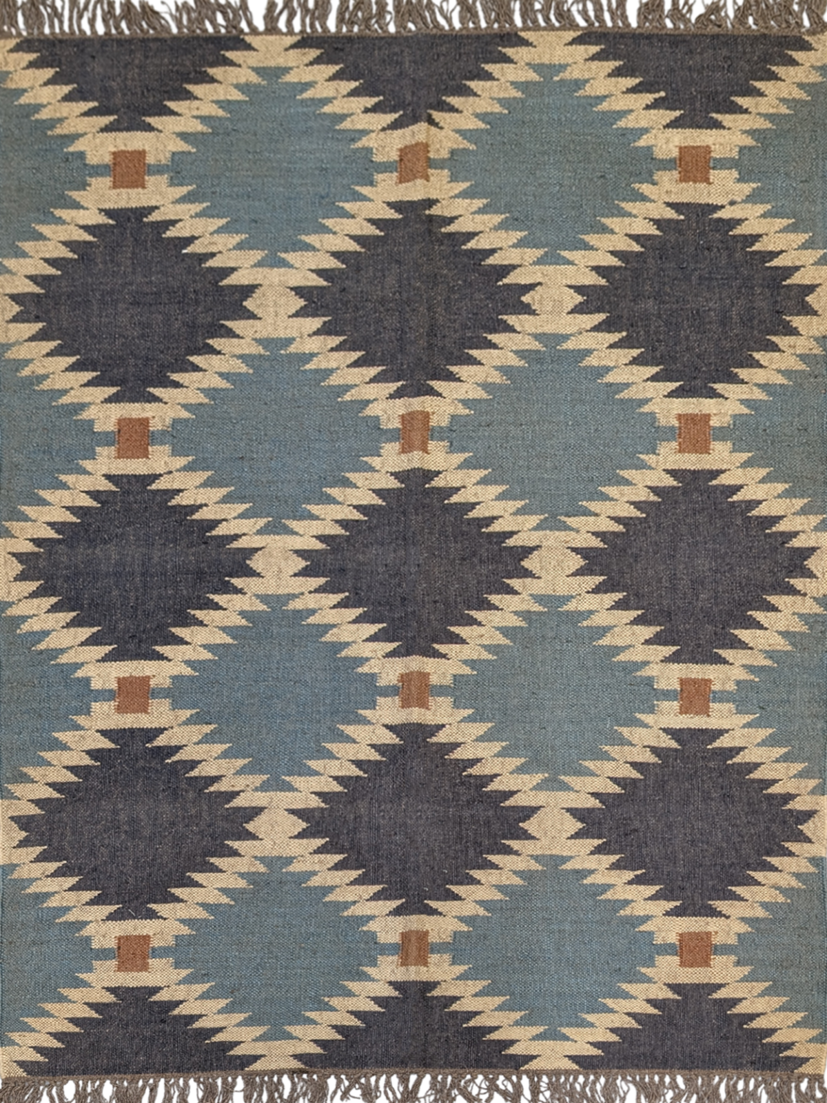 The Rustic Vistas Kilim Rug is a stunning handwoven masterpiece that blends timeless geometric design with a calming, earthy color palette. Featuring deep navy, soft sky blue, warm beige, and rustic brown, this flatweave wool rug is inspired by the natural landscapes of rolling hills and open skies. Its symmetrical tribal motifs create a bold yet balanced aesthetic, perfect for adding warmth and texture to your home.