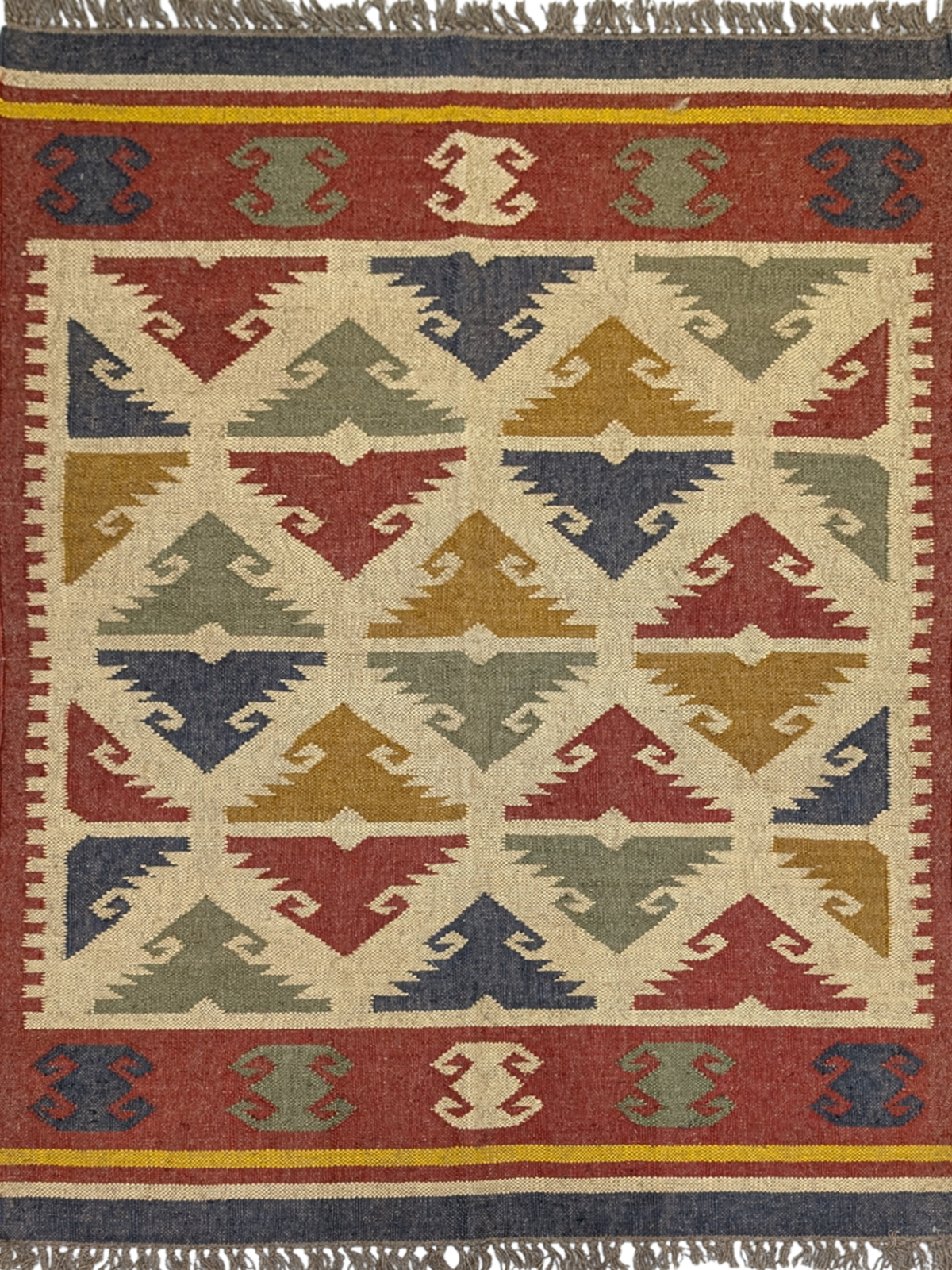 The Timeless Tribe Kilim Rug is a striking blend of tradition and artistry, showcasing bold geometric patterns inspired by ancient tribal motifs. Handwoven from high-quality wool, this flatweave rug features a rich, earthy palette of deep reds, mustard yellows, forest greens, navy blues, and warm ivory, making it a versatile statement piece for any home. Its intricate detailing and vibrant colors add warmth and character, perfect for those who appreciate heritage craftsmanship with a modern edge.