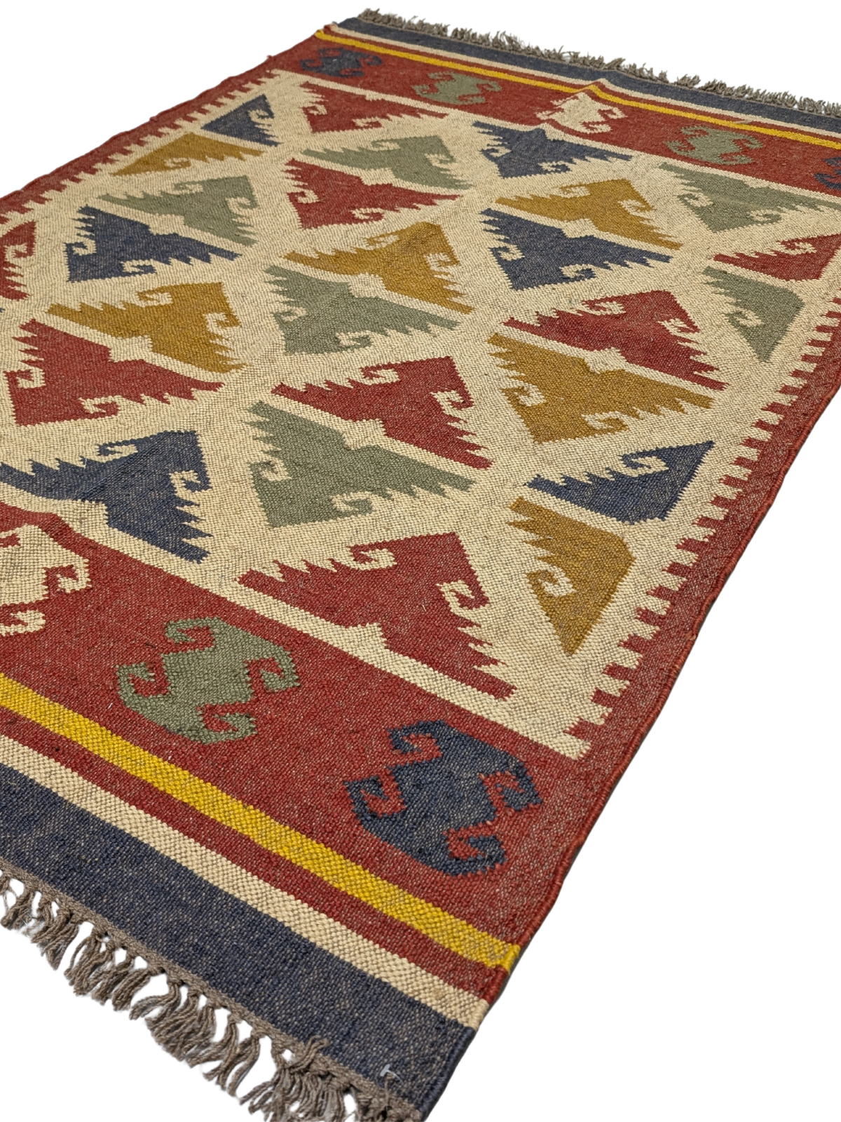 The Timeless Tribe Kilim Rug is a striking blend of tradition and artistry, showcasing bold geometric patterns inspired by ancient tribal motifs. Handwoven from high-quality wool, this flatweave rug features a rich, earthy palette of deep reds, mustard yellows, forest greens, navy blues, and warm ivory, making it a versatile statement piece for any home. Its intricate detailing and vibrant colors add warmth and character, perfect for those who appreciate heritage craftsmanship with a modern edge.
