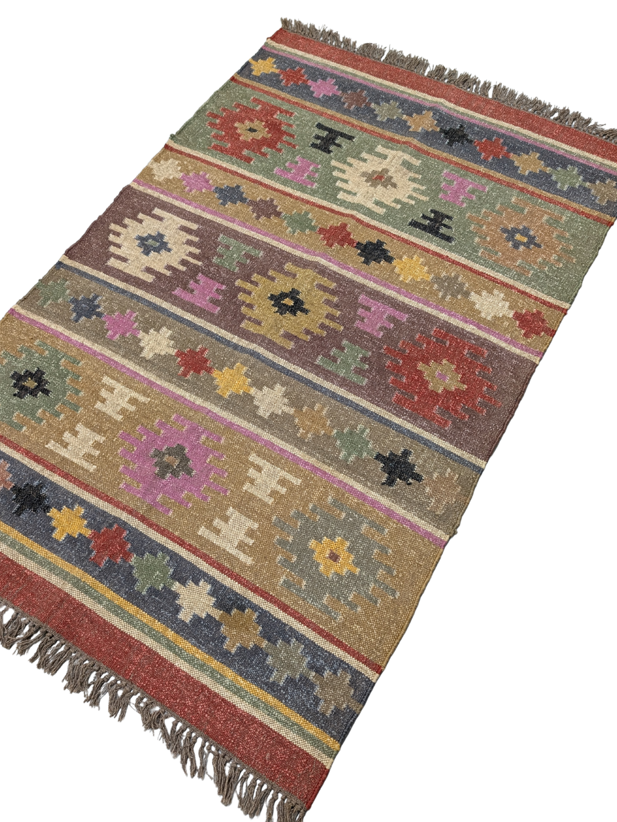 The Wanderer’s Mosaic Kilim Rug is a vibrant celebration of nomadic artistry, designed to infuse your space with eclectic charm and cultural richness. Handwoven by skilled artisans using premium wool, this rug showcases a mesmerizing patchwork of geometric and tribal motifs, arranged in striking horizontal bands. The warm, earthy palette—featuring deep reds, forest greens, golden yellows, rich purples, and soft neutrals—evokes the spirit of adventure and storytelling found in traditional kilim designs.