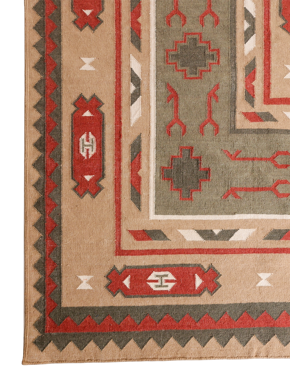 Amritsar Elegance Vintage Dhurrie Rug -Earthy close-up showing the cotton weave and traditional motif