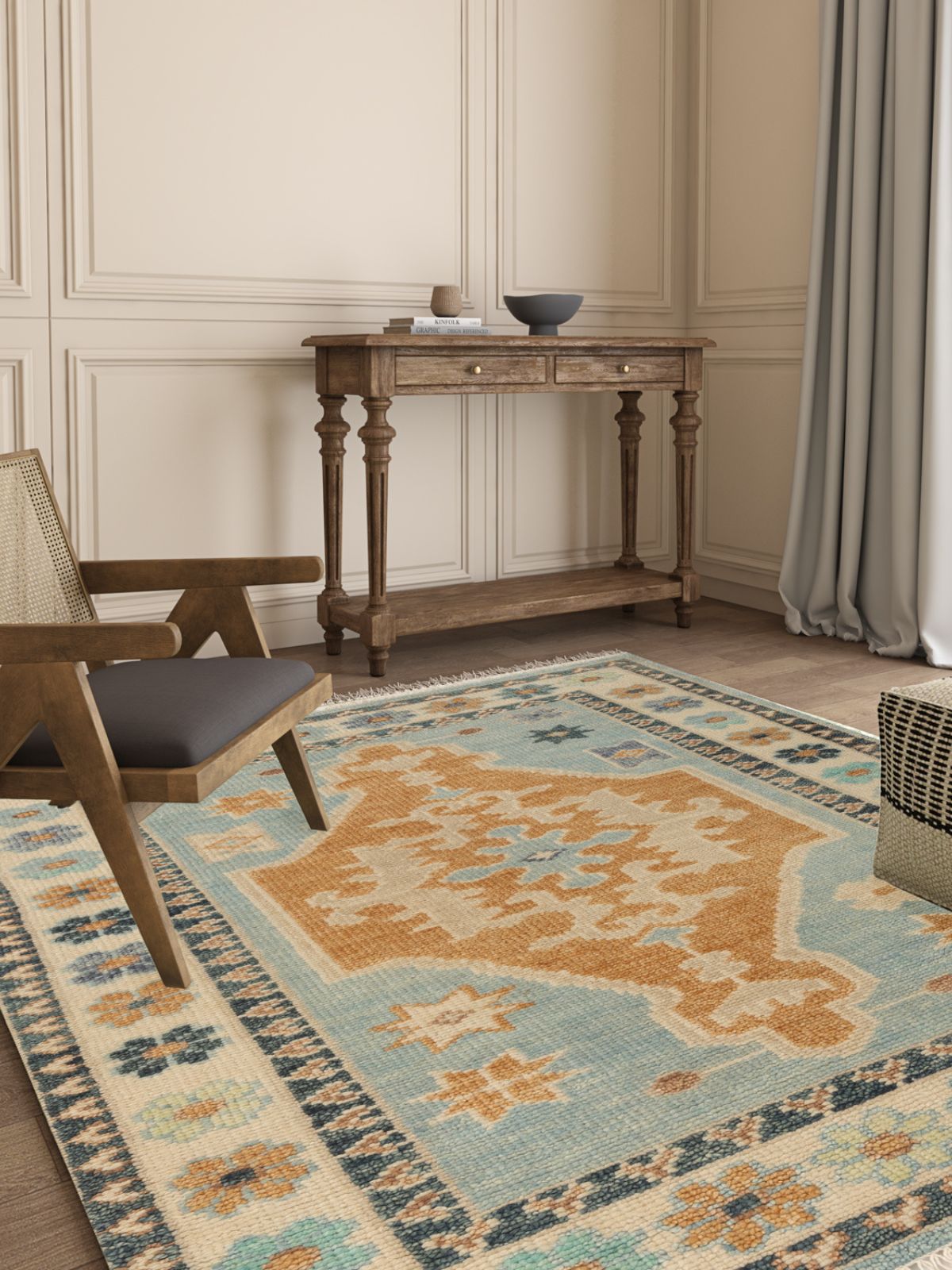 Anatolian Essence Turkish Oushak Rug wool rug styled in a living room interior