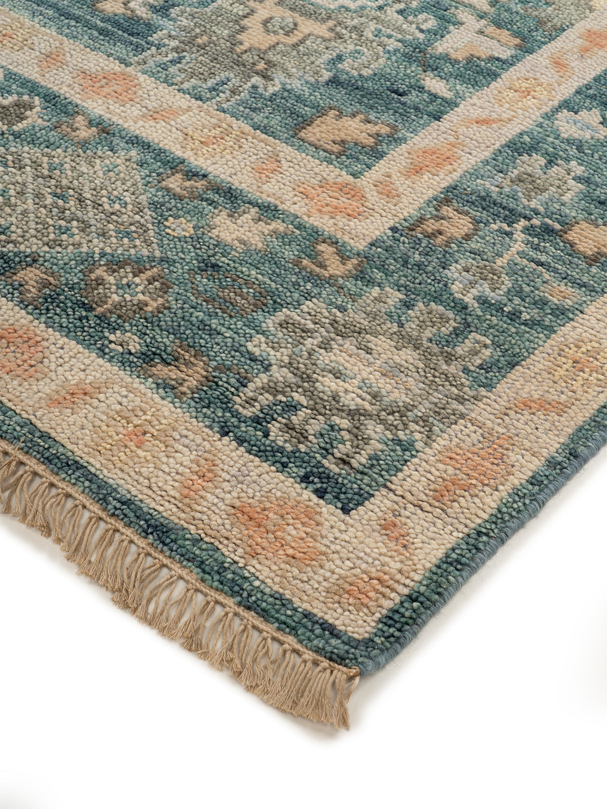Azure Mahal Wool Rug close-up showing the handspun wool weave and traditional motif
