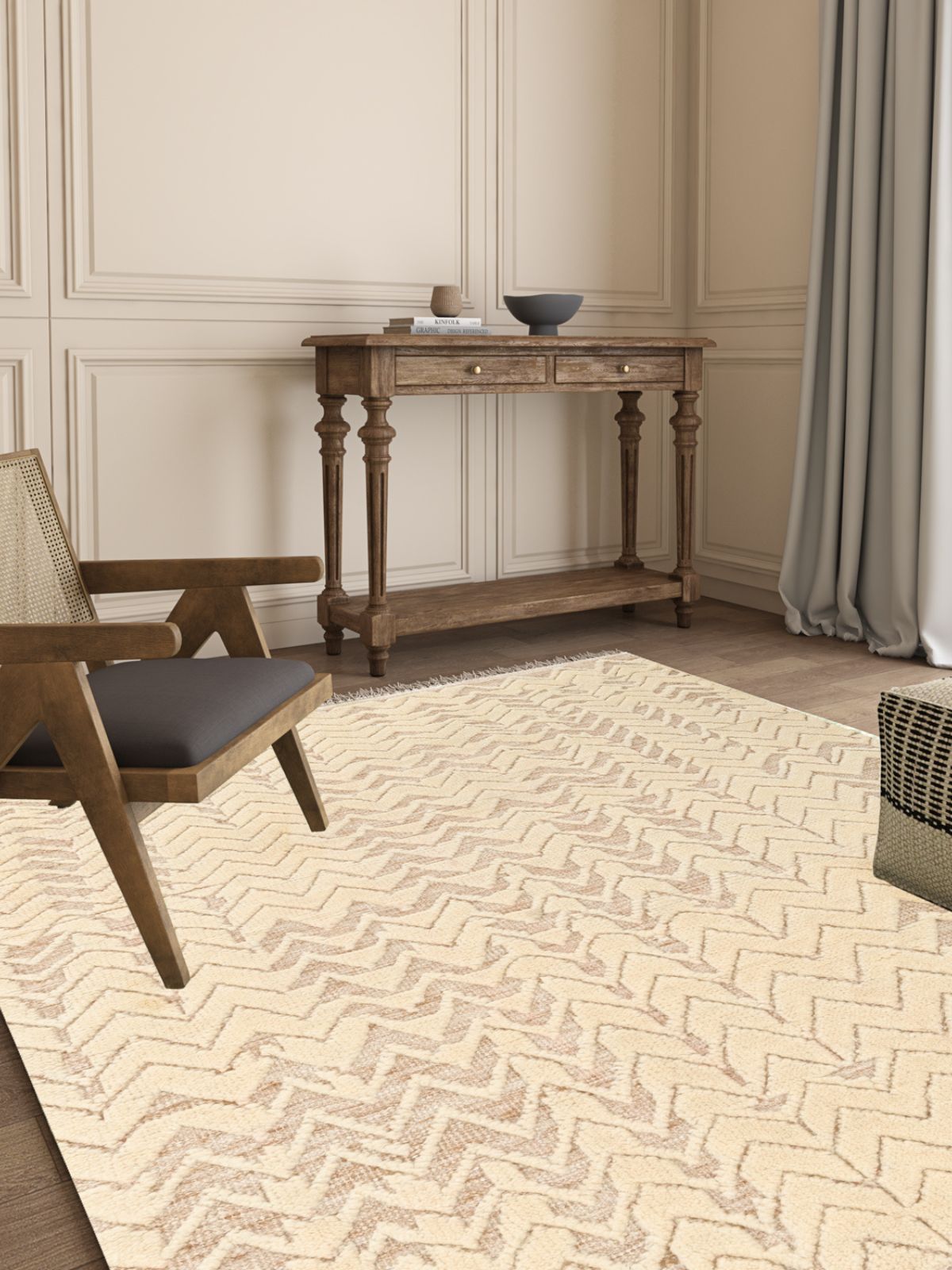 Beige Breeze Hand-Knotted Rug wool rug styled in a living room interior