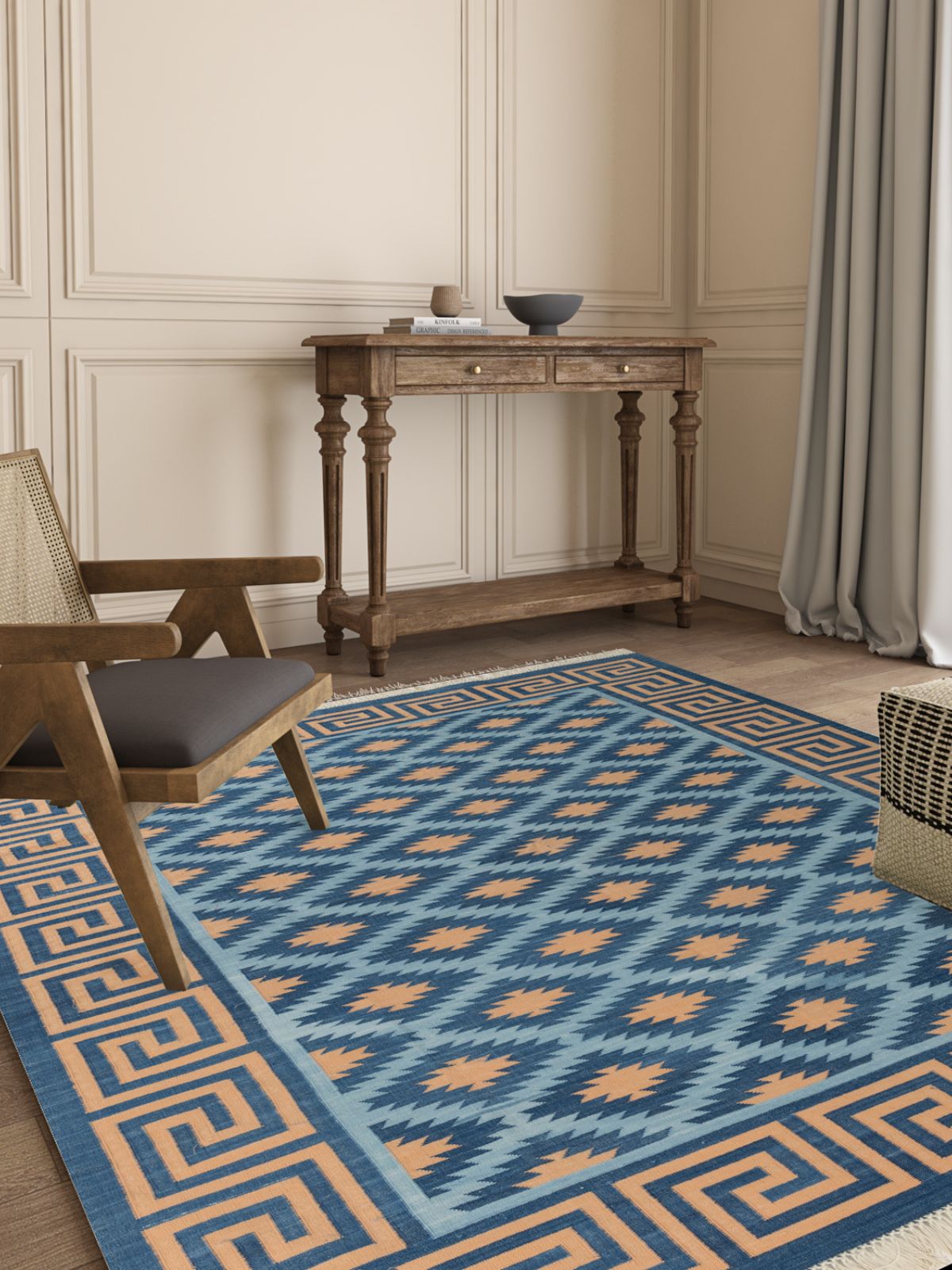 Blue Hellenic Flatweave Rug cotton rug styled in a living room interior