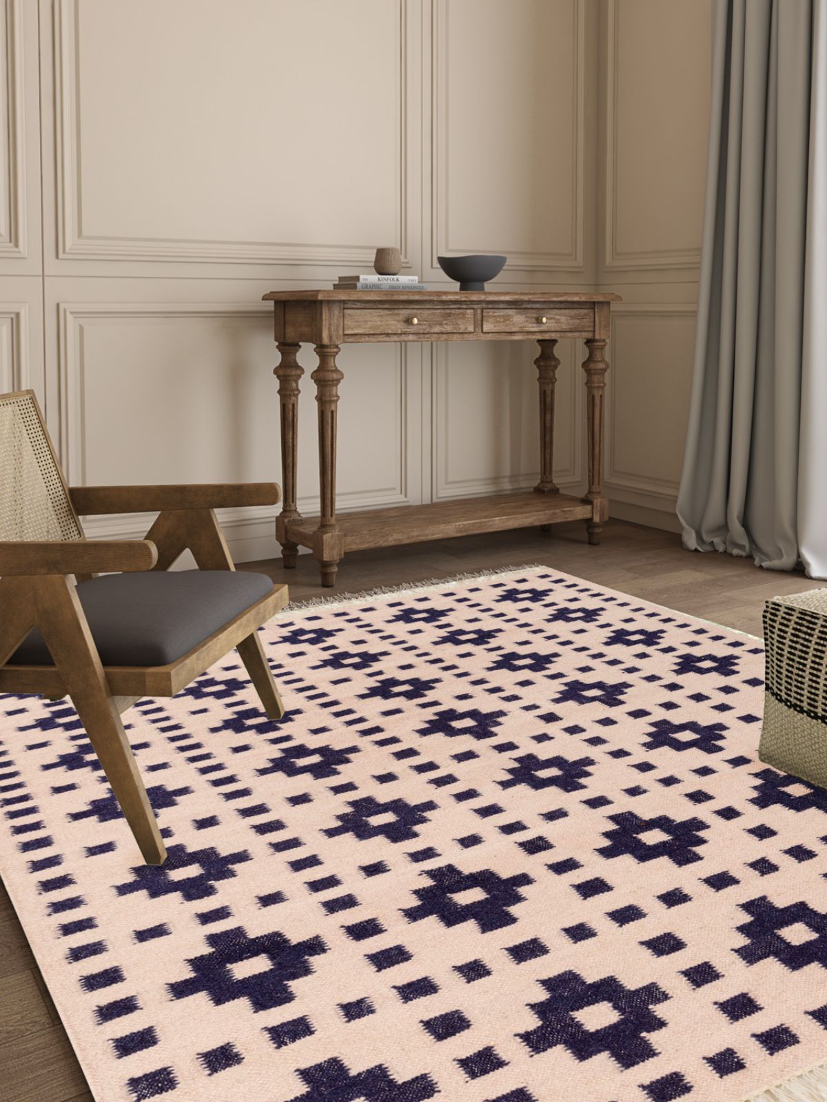 Checkerboard Kilim Wool Flatweave Rug wool rug styled in a living room interior
