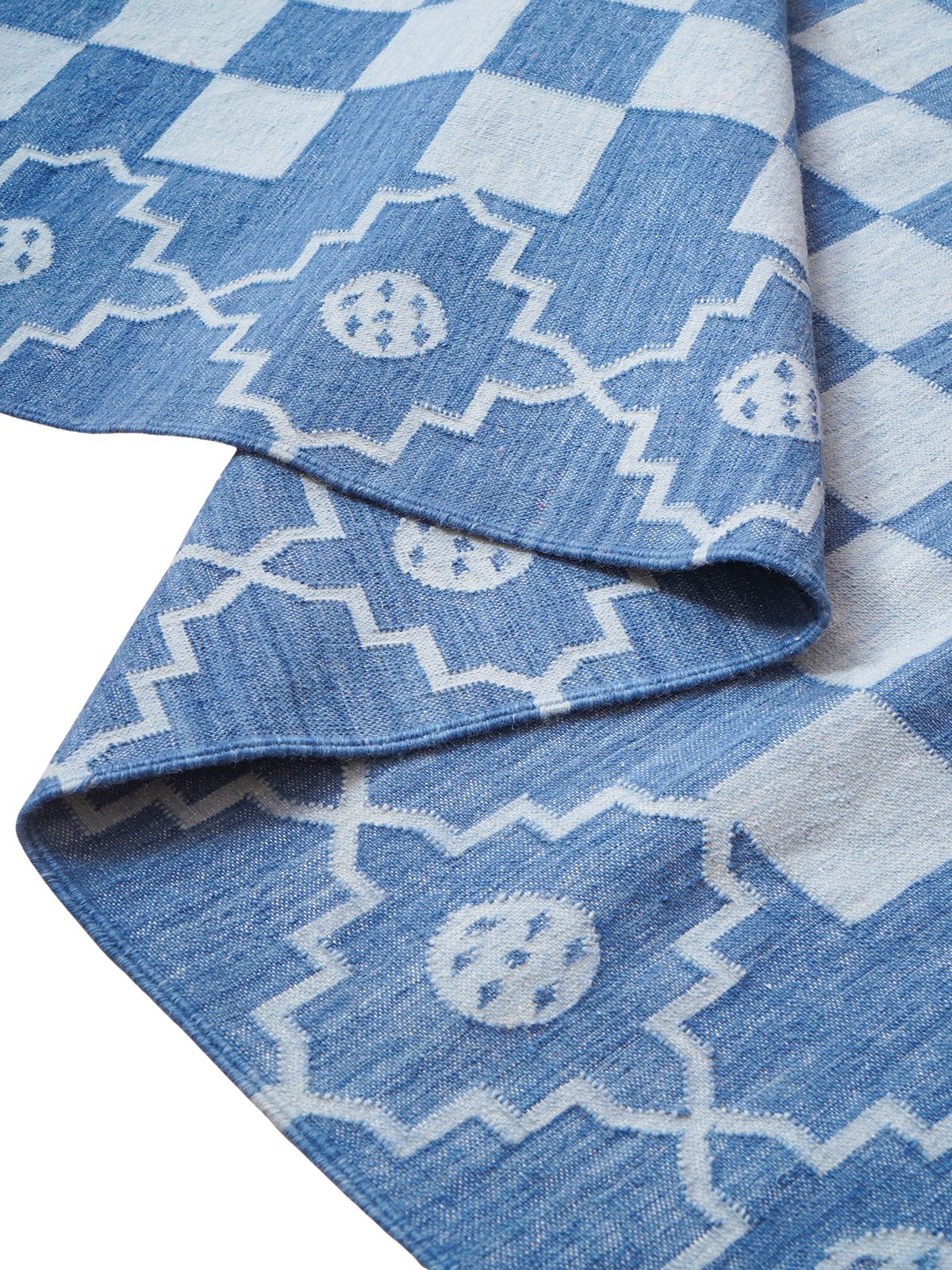 Checkered borderline Flatweave rug-Blue - texture detail showing cotton surface