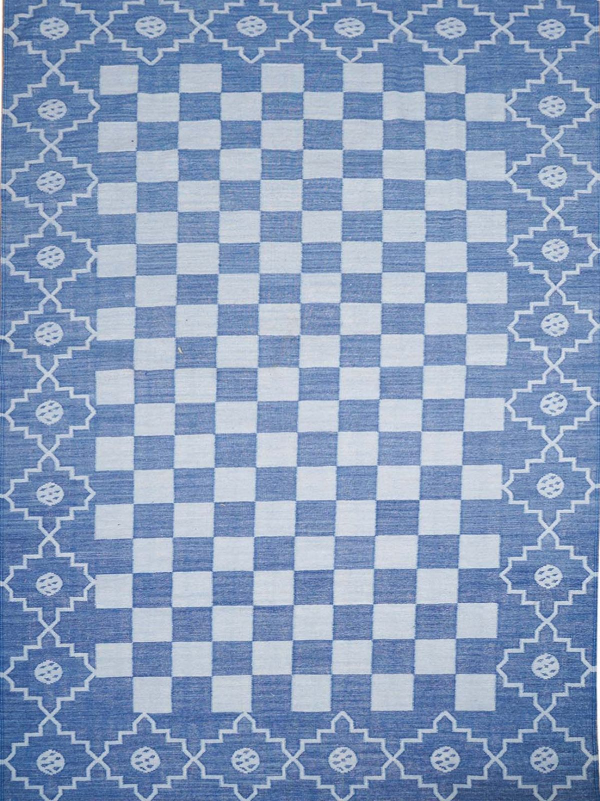 Checkered borderline Flatweave rug-Blue cotton rug in blue tones