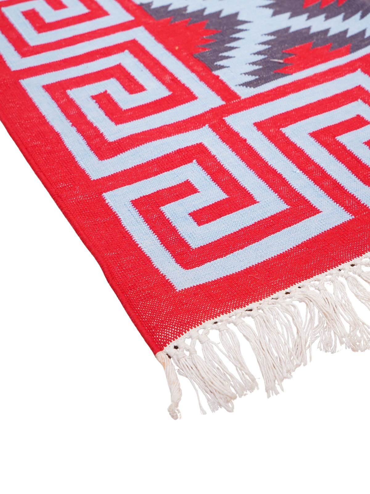 Cherry hellenic Flatweave rug close-up showing the cotton weave and striped pattern