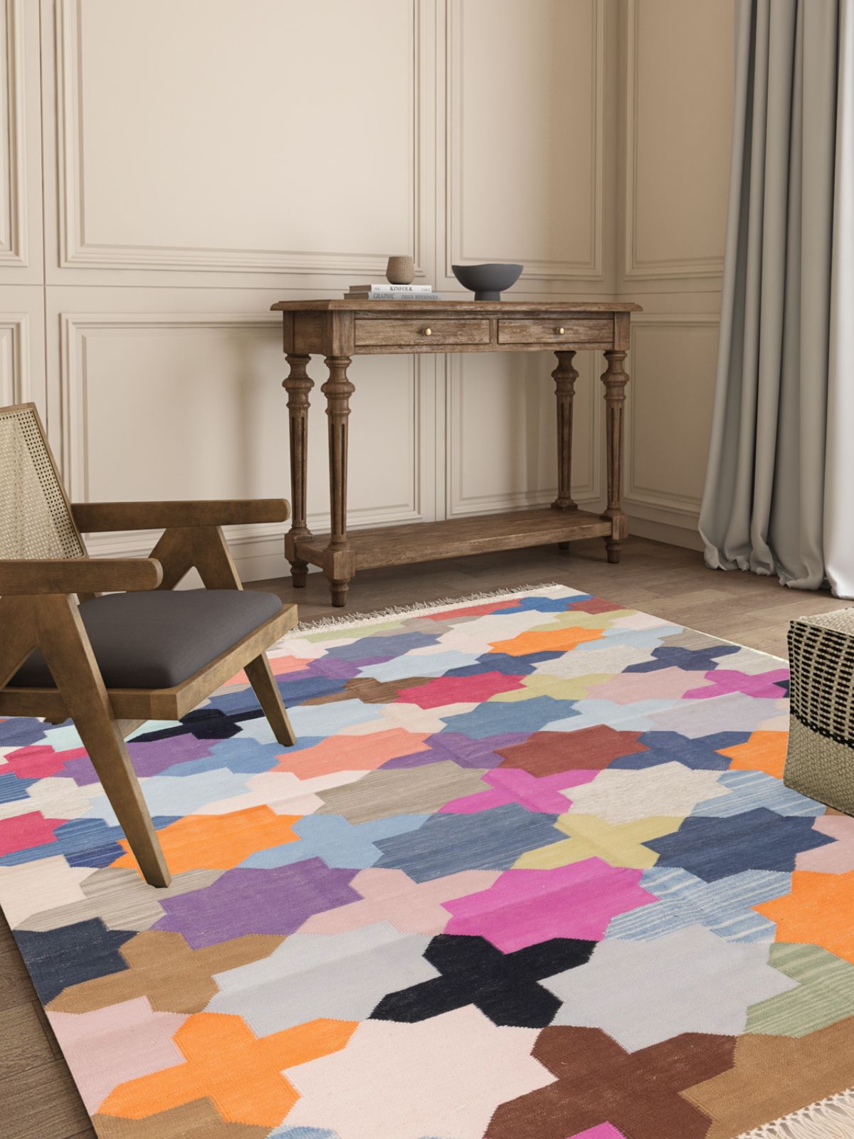 Chroma cotton Flatweave Rug cotton rug styled in a living room interior