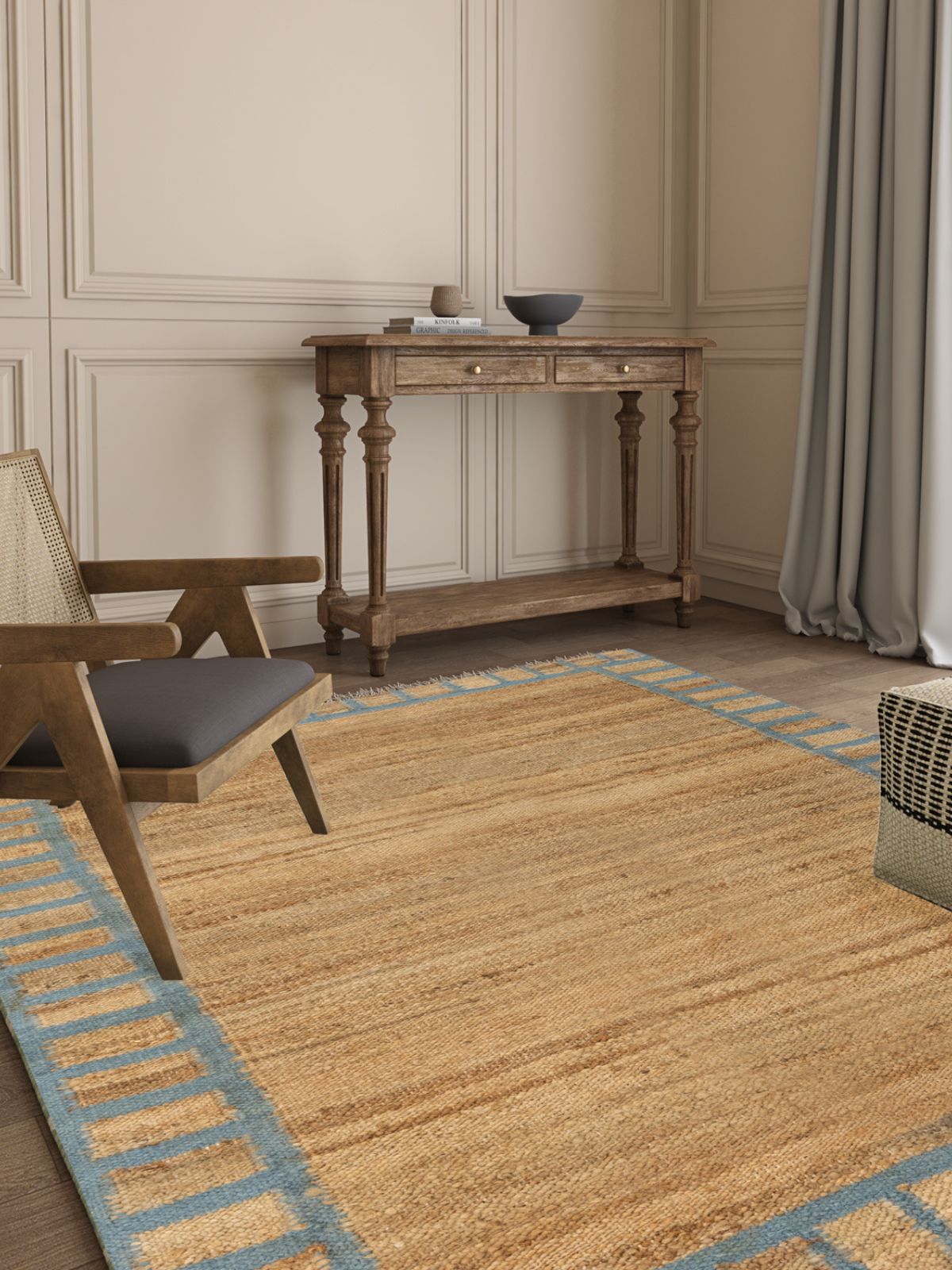 Coastal Blue Blockade Jute Rug jute rug styled in a living room interior