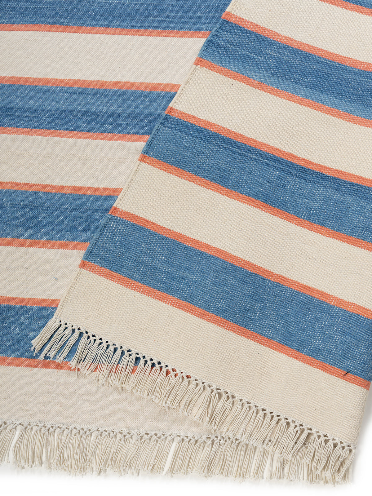 Coastal Breeze Dhurrie detail of the striped cotton surface and edge finishing
