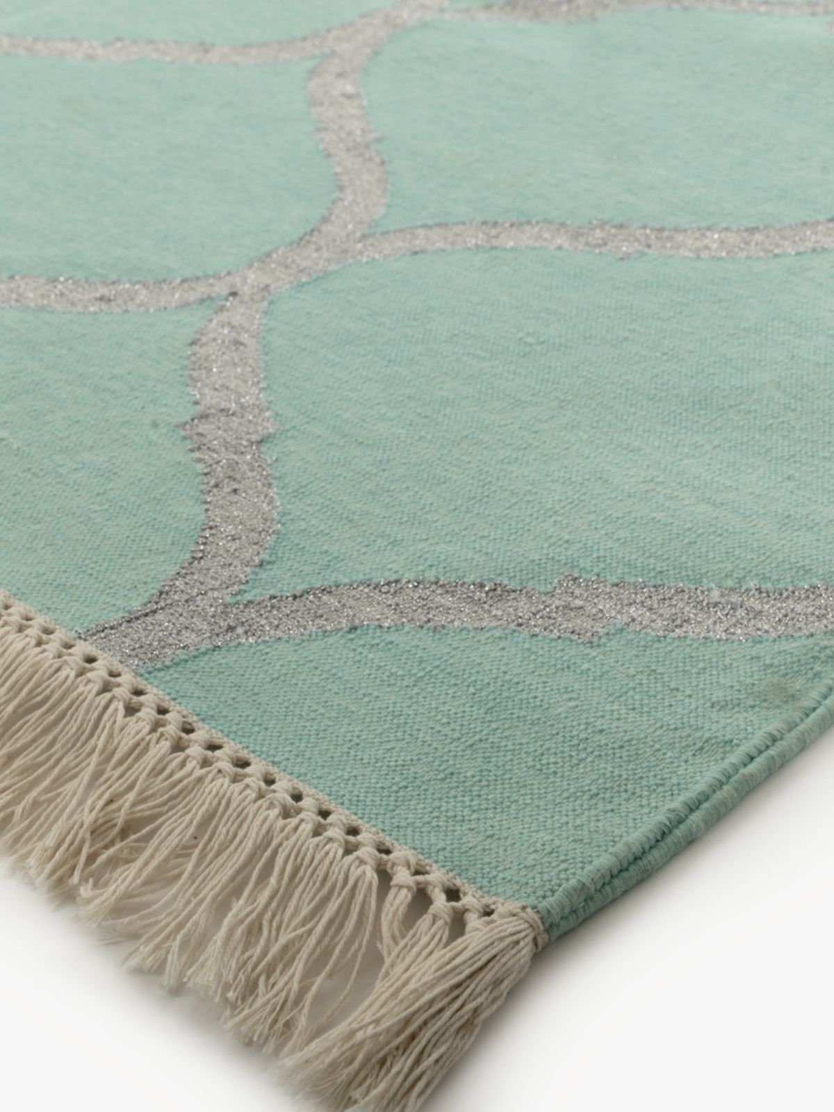 Dream Ogee Rug-Teal close-up showing the wool weave and geometric motif