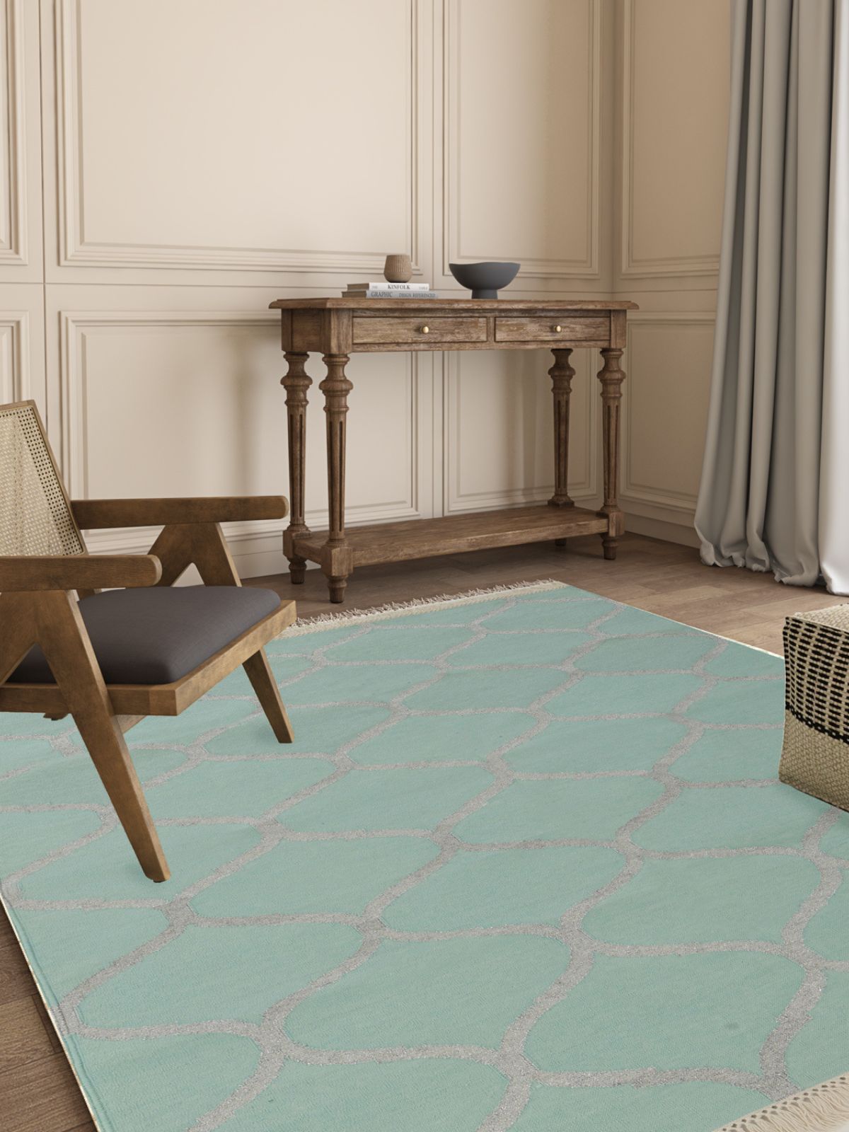 Dream Ogee Rug-Teal wool rug styled in a living room interior