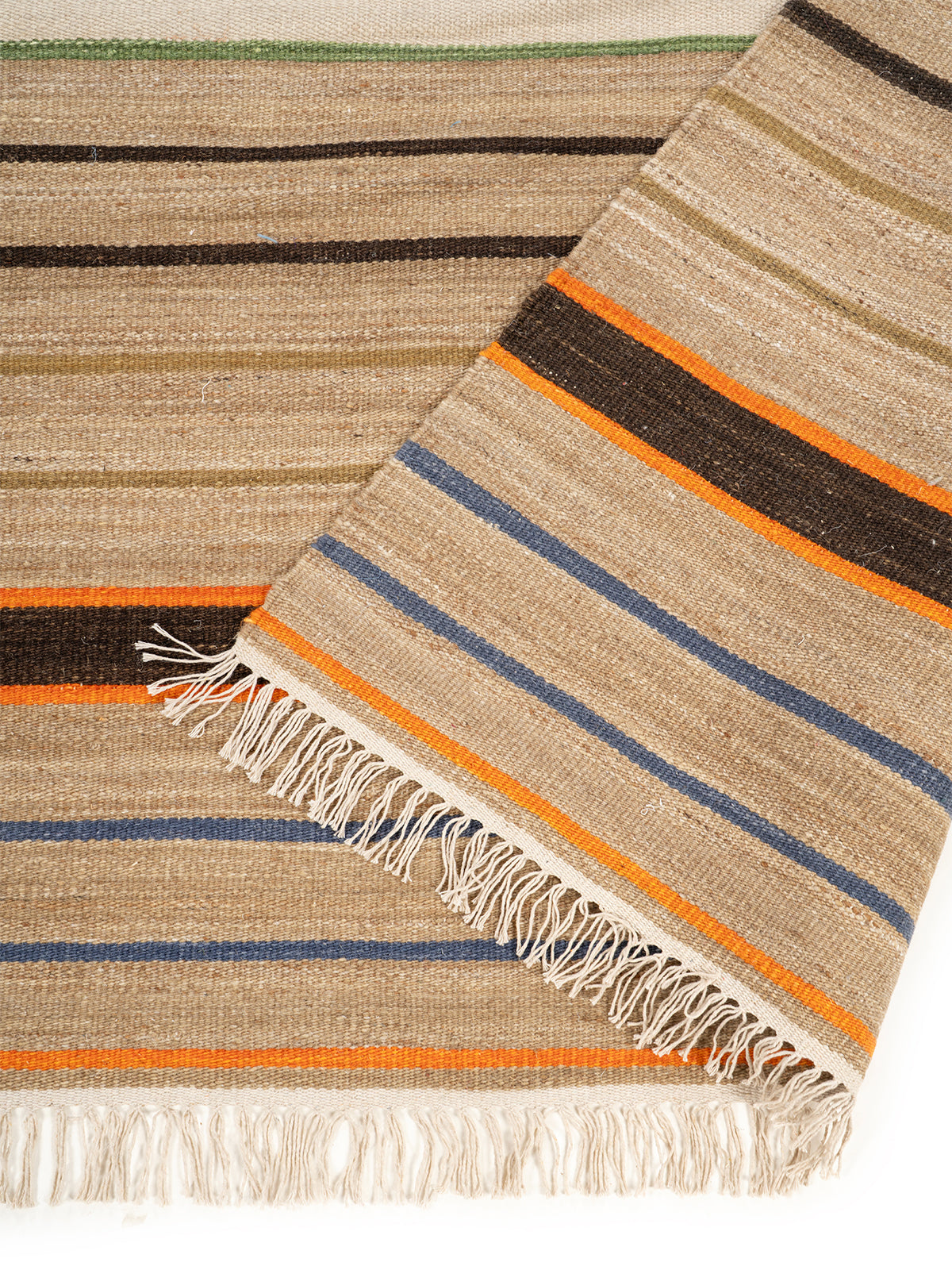 Earth Tone Stripe Flatweave Rug detail of the striped wool surface and edge finishing