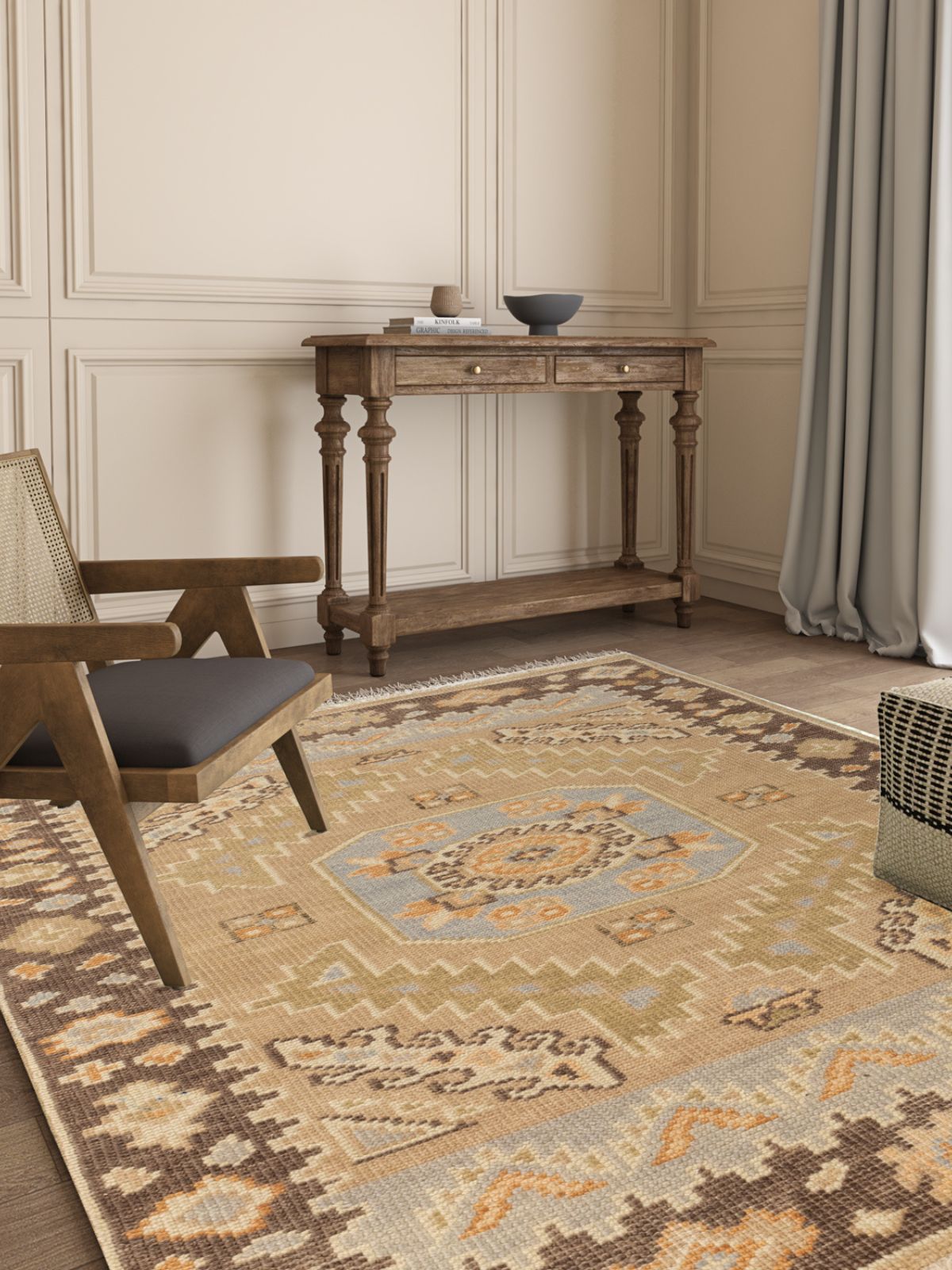 Earthy Mirage Oushak Rug wool rug styled in a living room interior