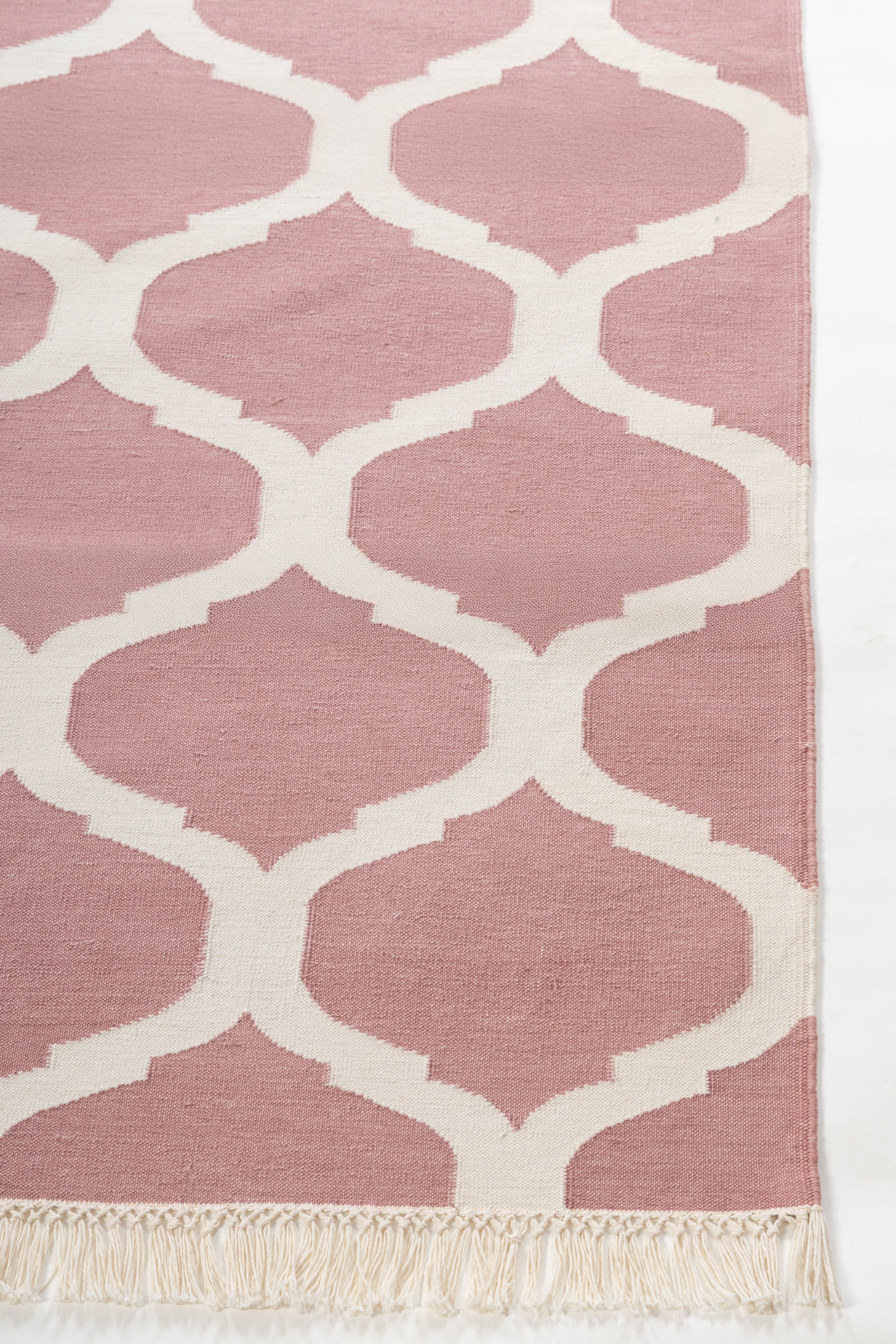 Enchantment cotton Flatweave Rug-Pink cotton rug styled in a living room interior with timber and linen
