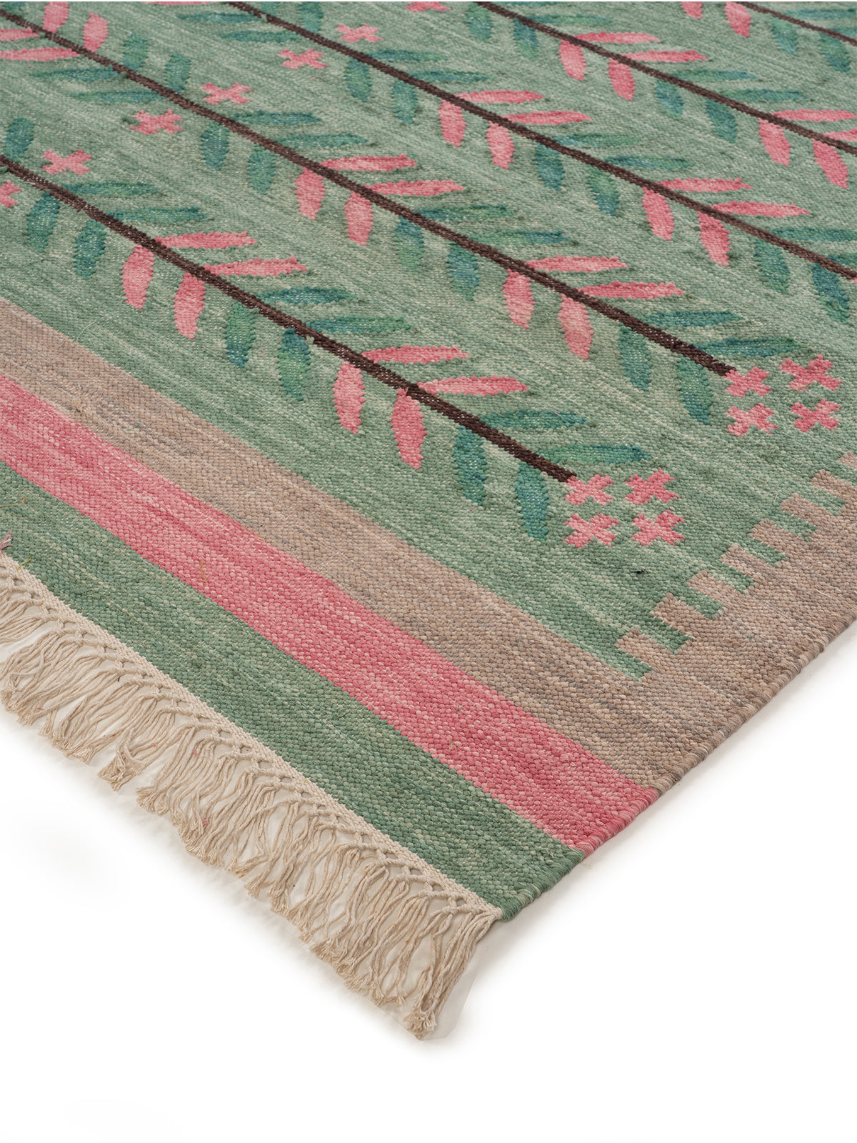 Folk Botanical Flatweave Rug close-up showing the wool pile and floral motif