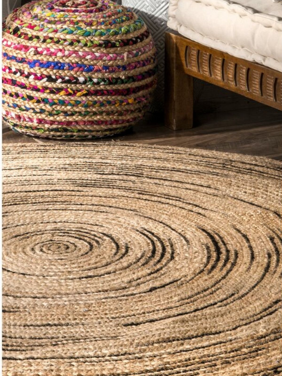 Gafsa round jute rug jute rug styled in a designed interior