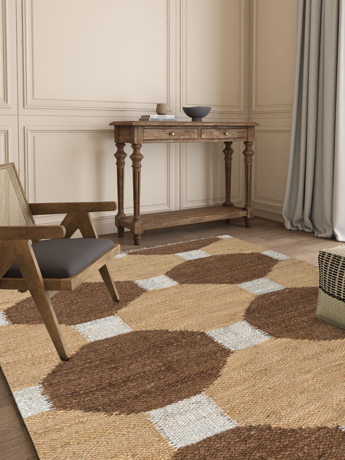 Geoweave Jute Rug-Monochrome jute rug styled in a living room interior