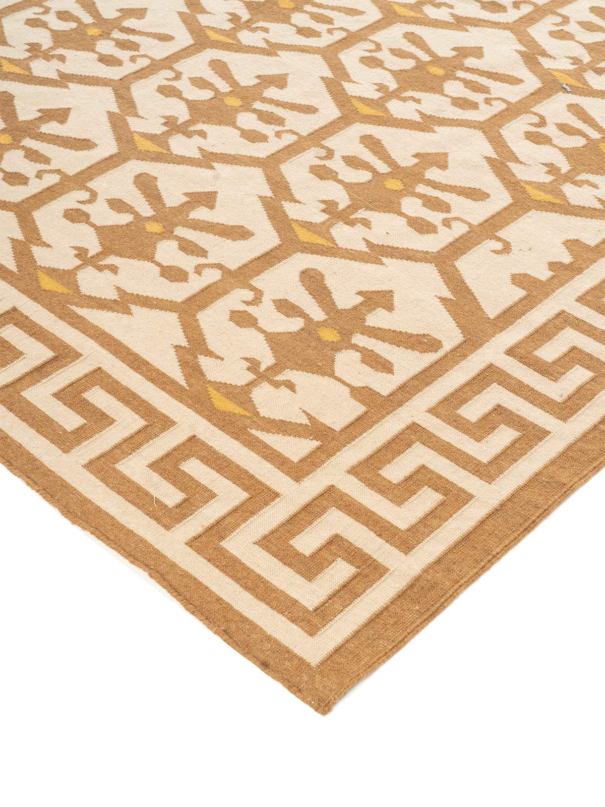 Golden Greek Vine Legacy close-up showing the wool weave and traditional motif