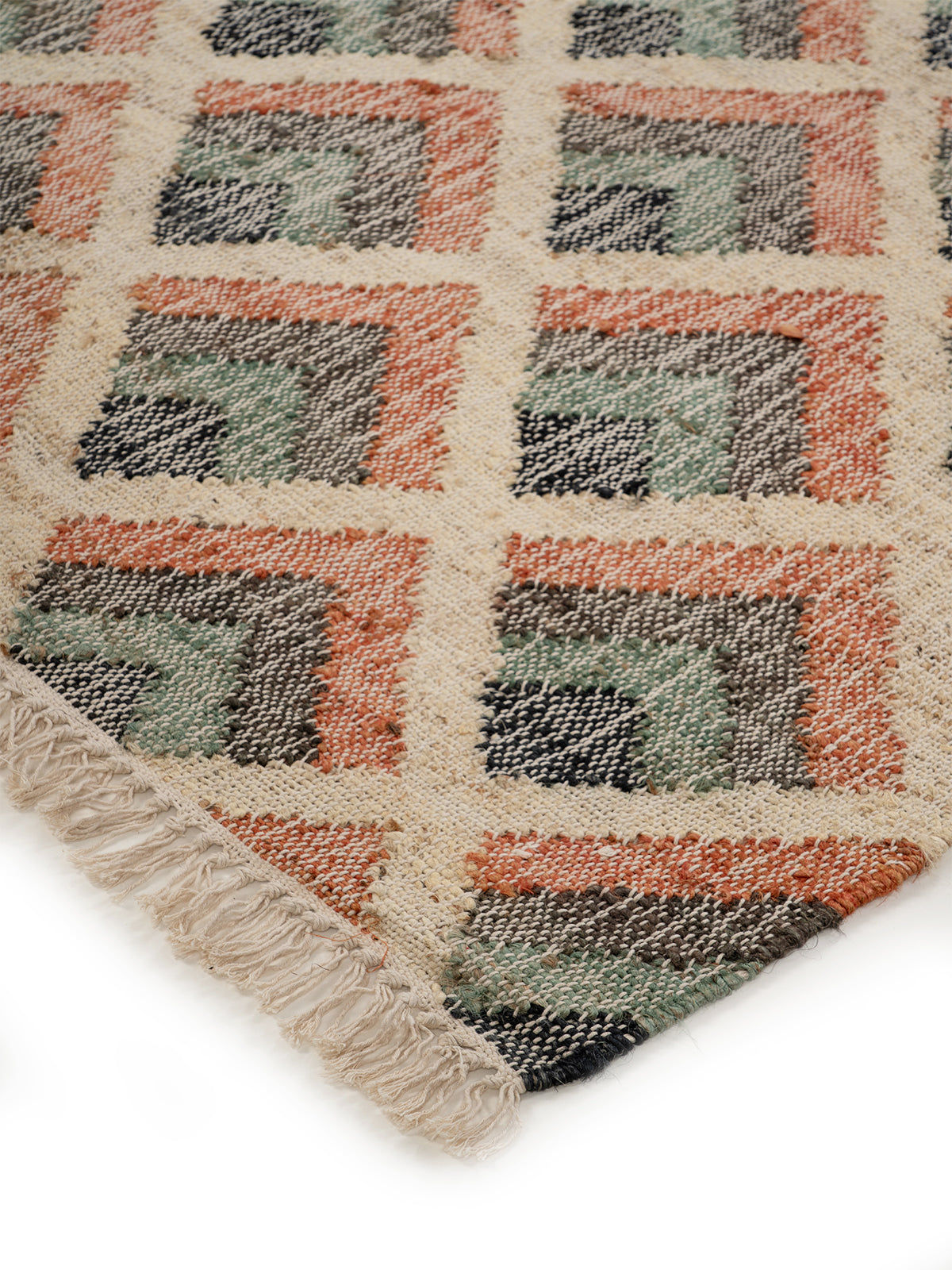 Harlequin Diamond Flatweave Rug close-up showing the jute weave and geometric motif