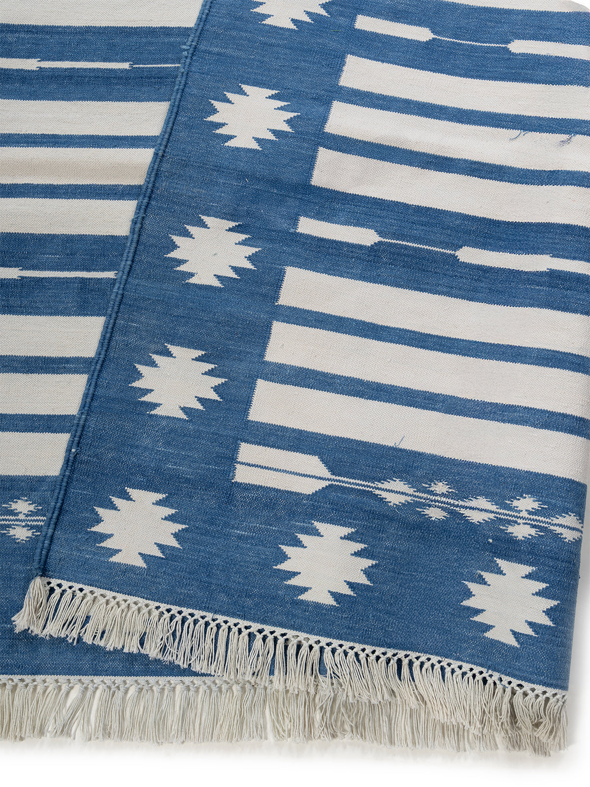 Indigo Horizon detail of the striped cotton surface and edge finishing