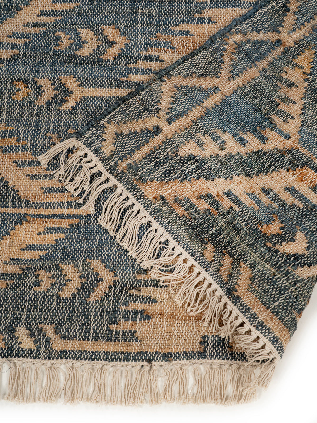 Indigo Tribal Diamond Jute Rug detail of the geometric pattern in jute