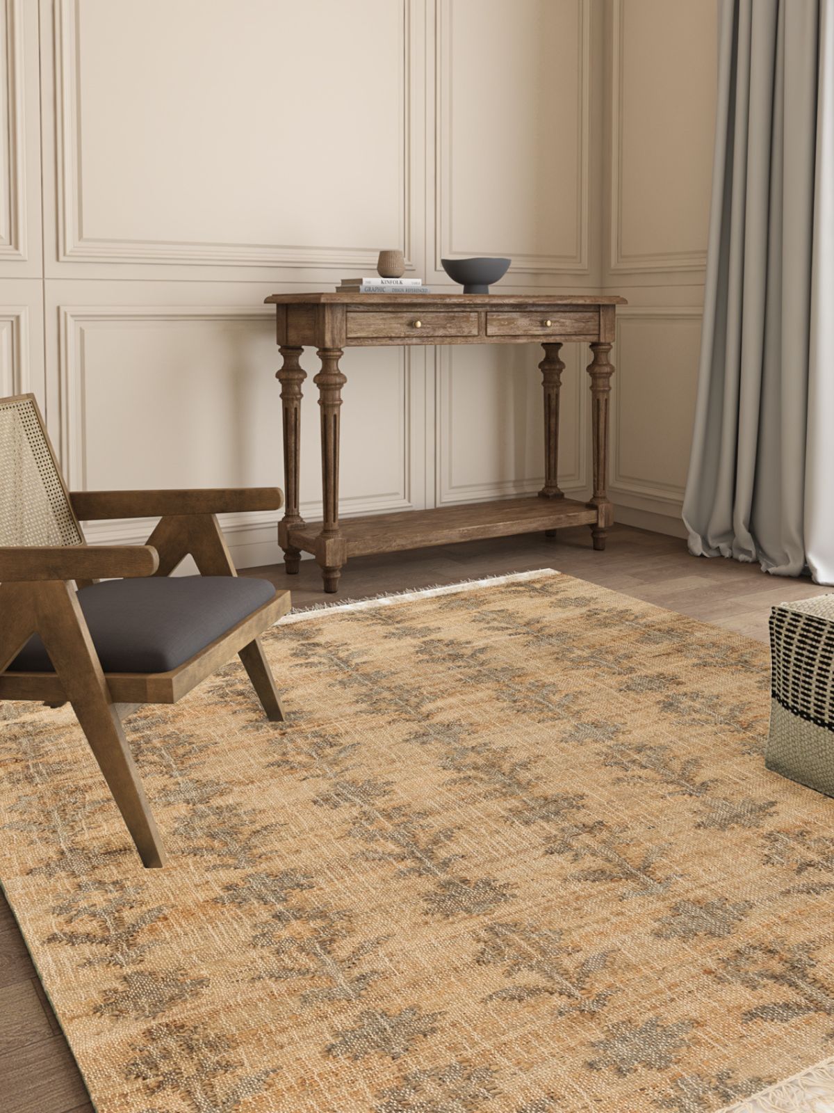 Inked florals Jute Rug jute rug styled in a living room interior