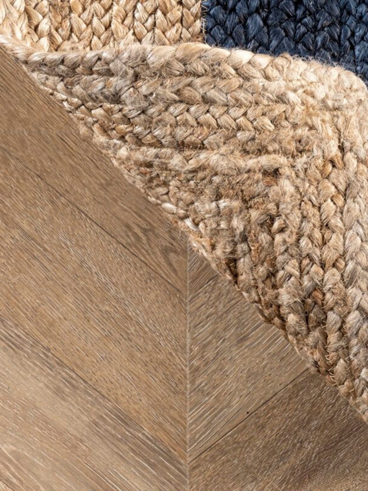 Juba Jute Bordered Runner-Navy close-up showing the jute weave and stripes surface