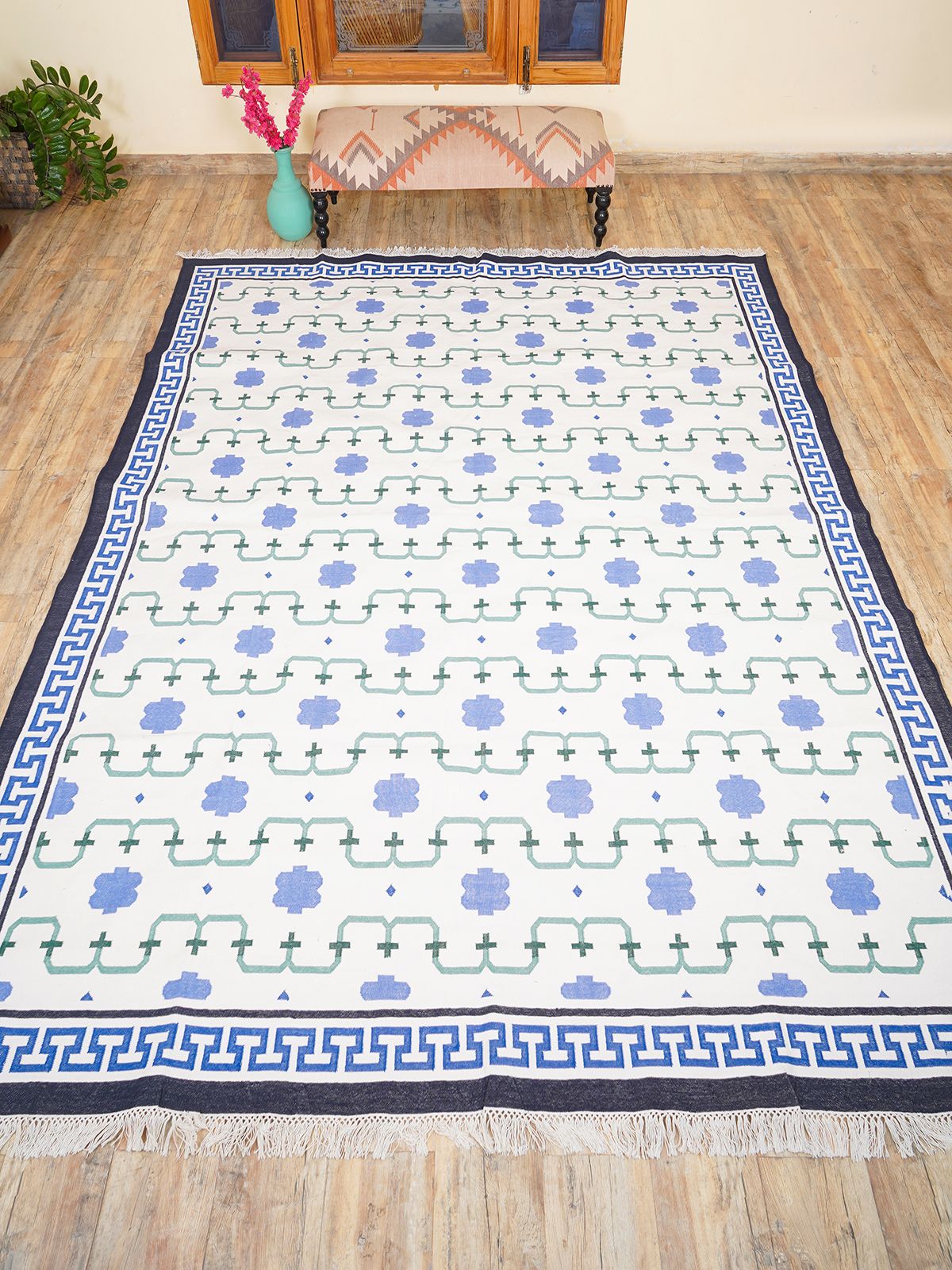 Keyed Rajput Heritage Rug-Blue wool rug in multicoloured tones