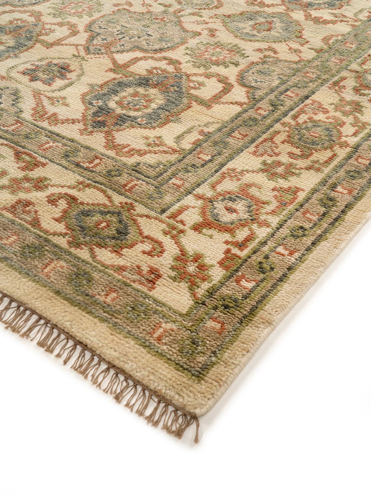 Khorasan Olive close-up showing the handspun wool weave and traditional motif