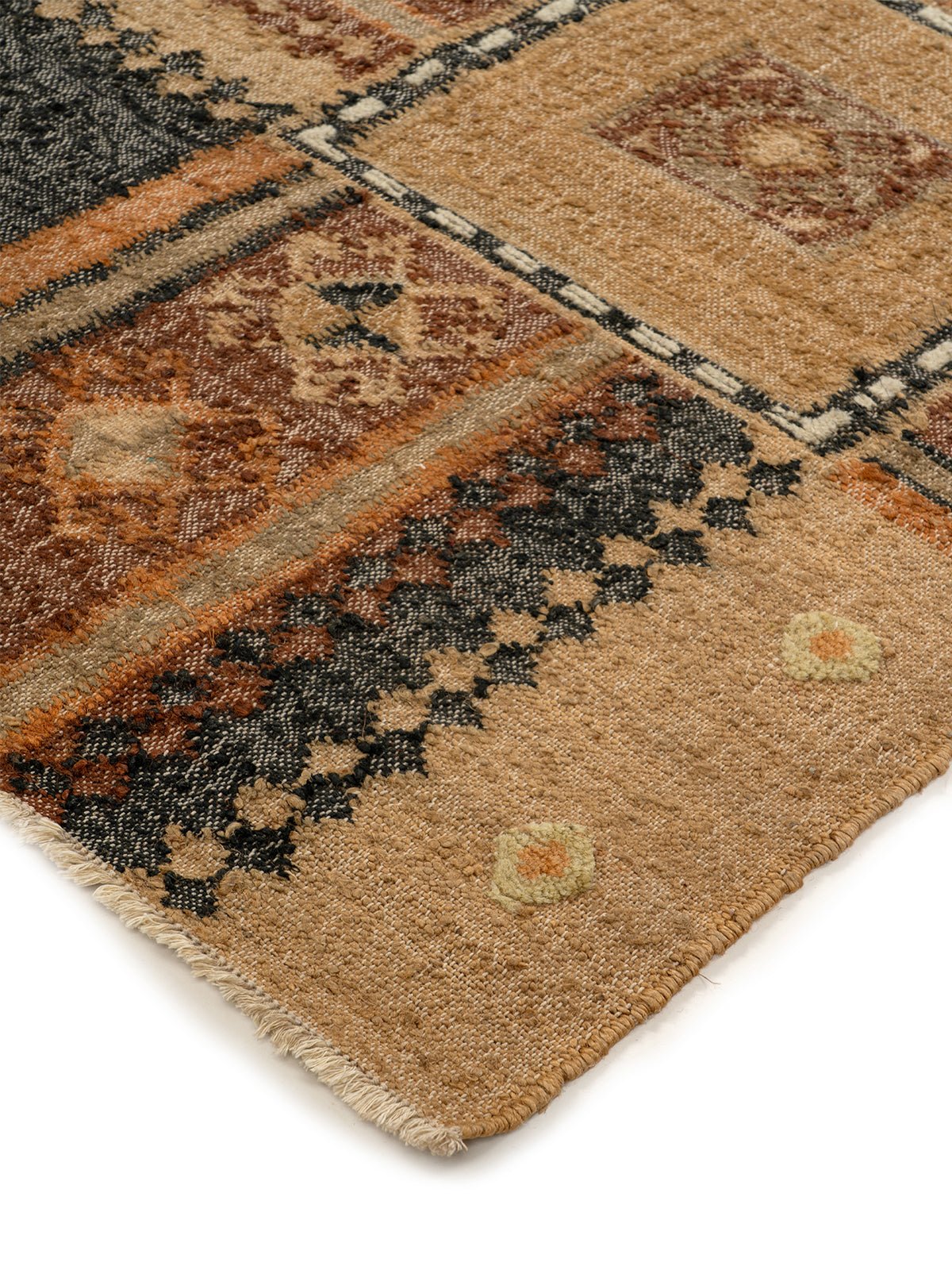 Kilim Patchwork Block Rug close-up showing the jute weave and geometric motif