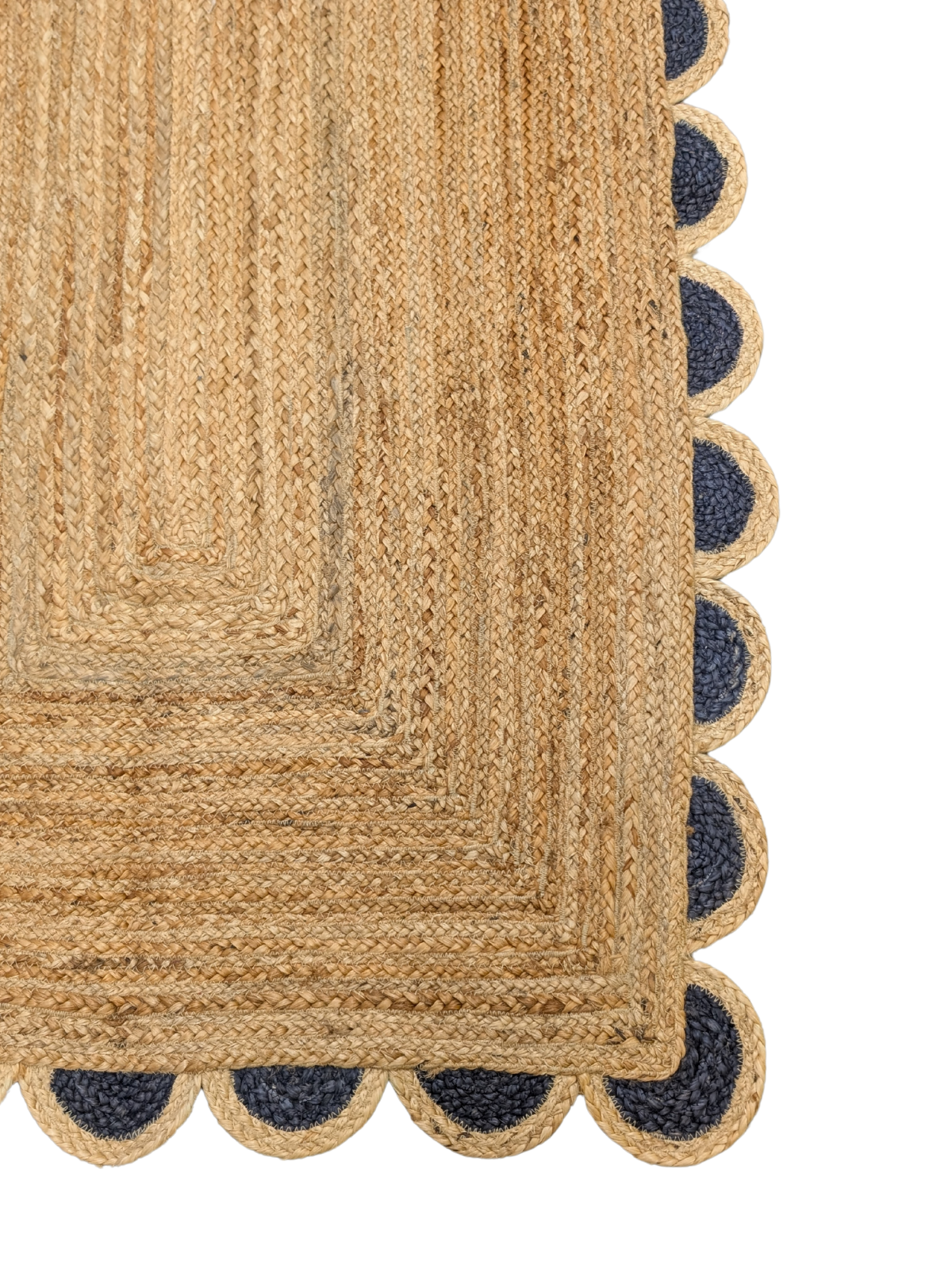Kribi scalloped jute area rug-Navy detail showing the textured jute surface and finishing