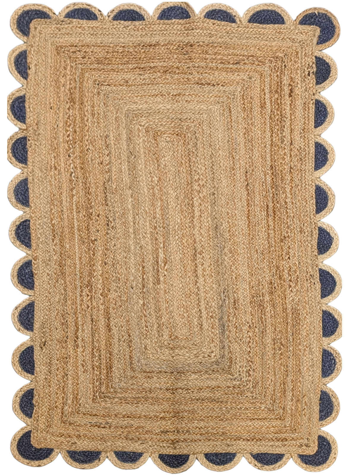 Kribi scalloped jute area rug-Navy jute rug in blue tones