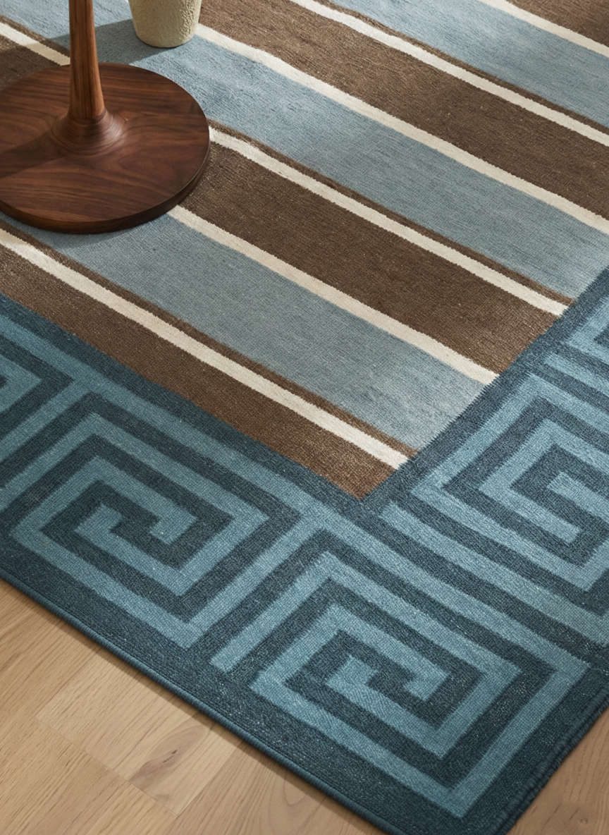 Kyma Key Border Rug wool rug styled in a living room interior
