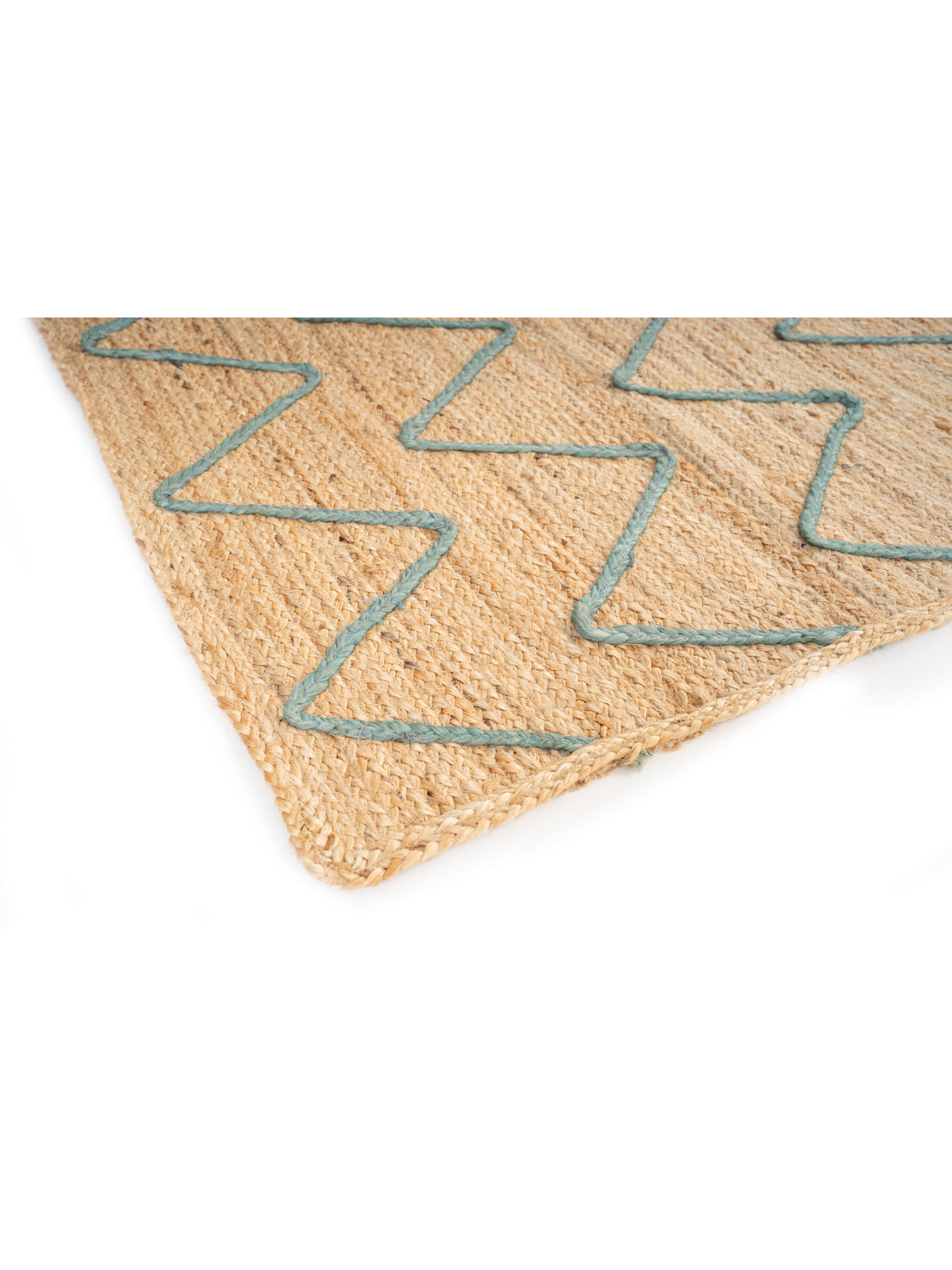 Lagos zig zag braided area rug-Teal close-up showing the jute weave and geometric motif