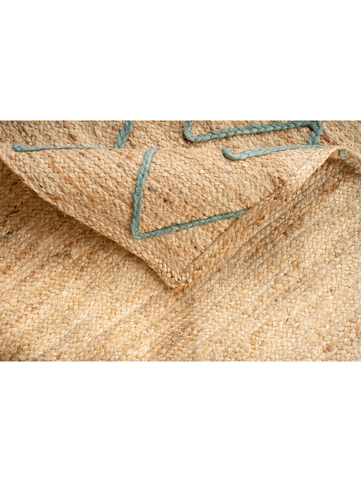 Lagos zig zag braided area rug-Teal detail of the geometric pattern in jute