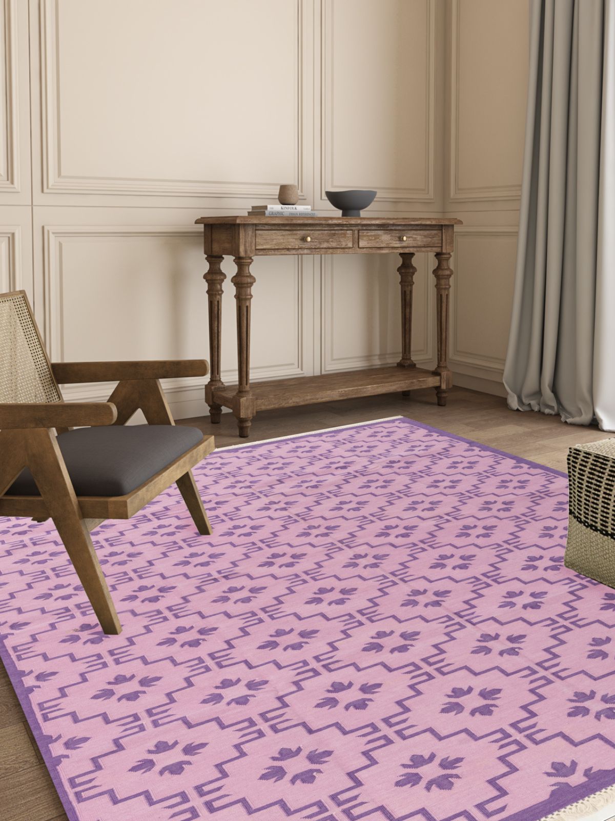 Lilac Majesty cotton rug styled in a living room interior