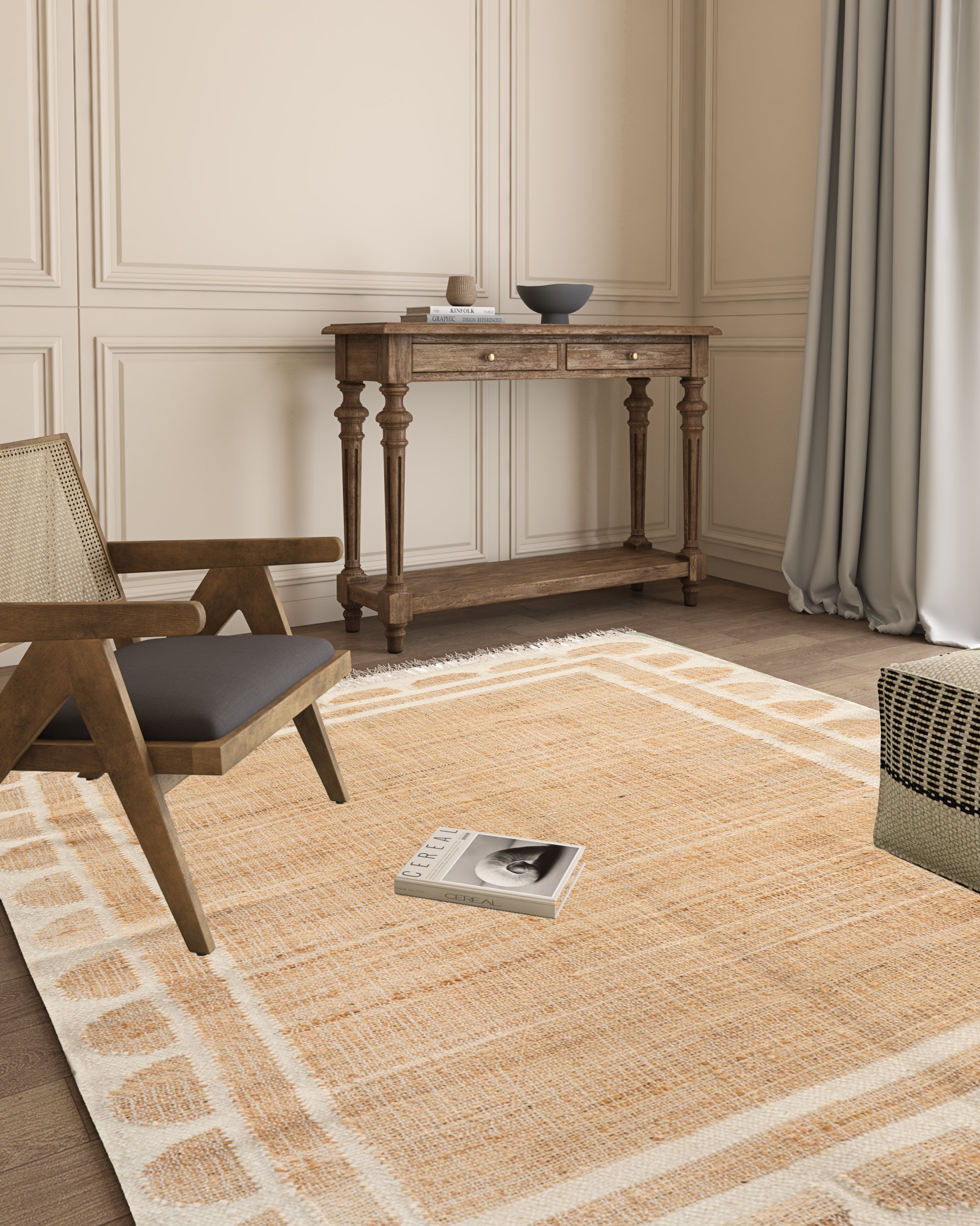 Lira Scalloped Jute Rug-White jute rug styled in a living room interior