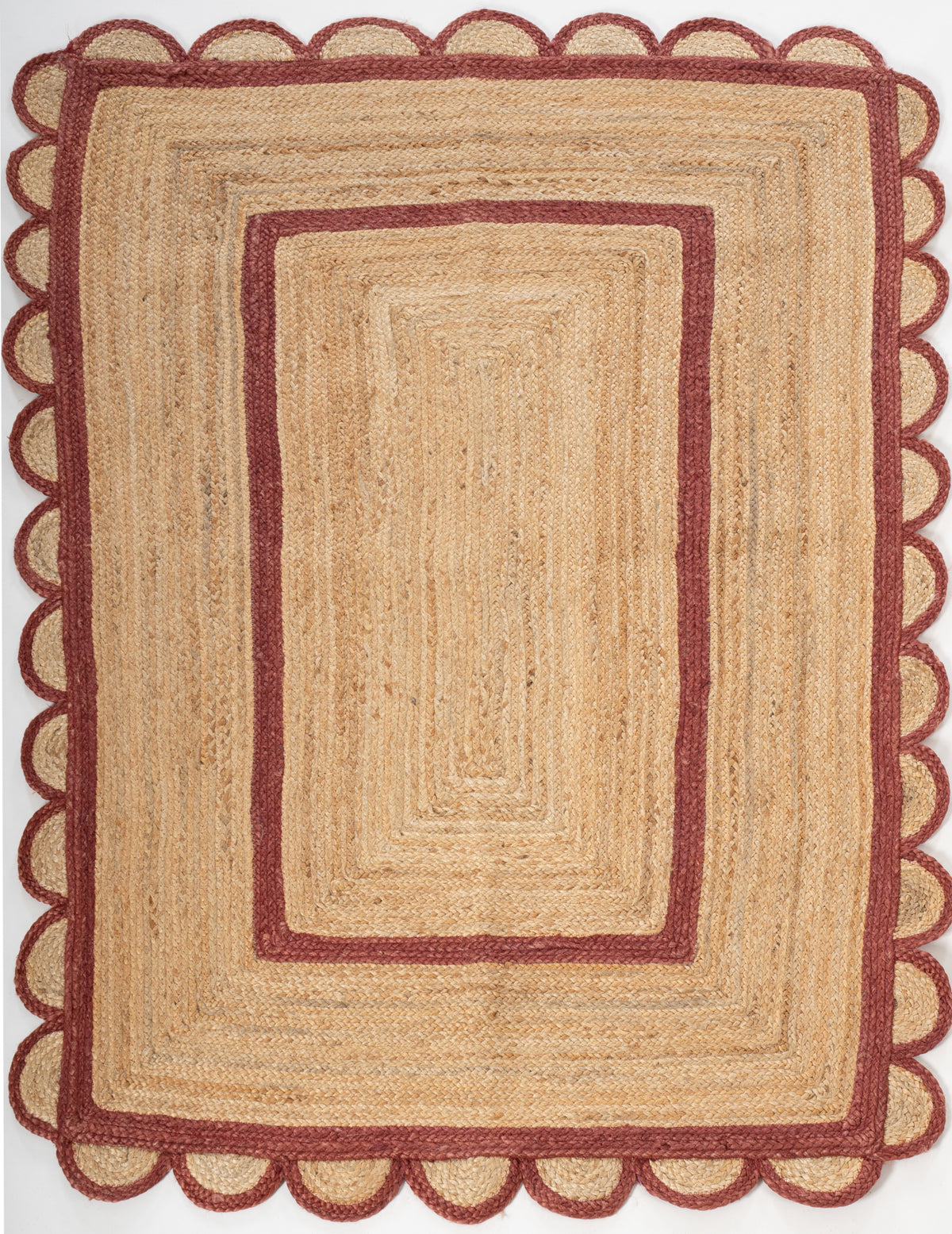 Loko scalloped square jute rug-Red jute rug in red tones