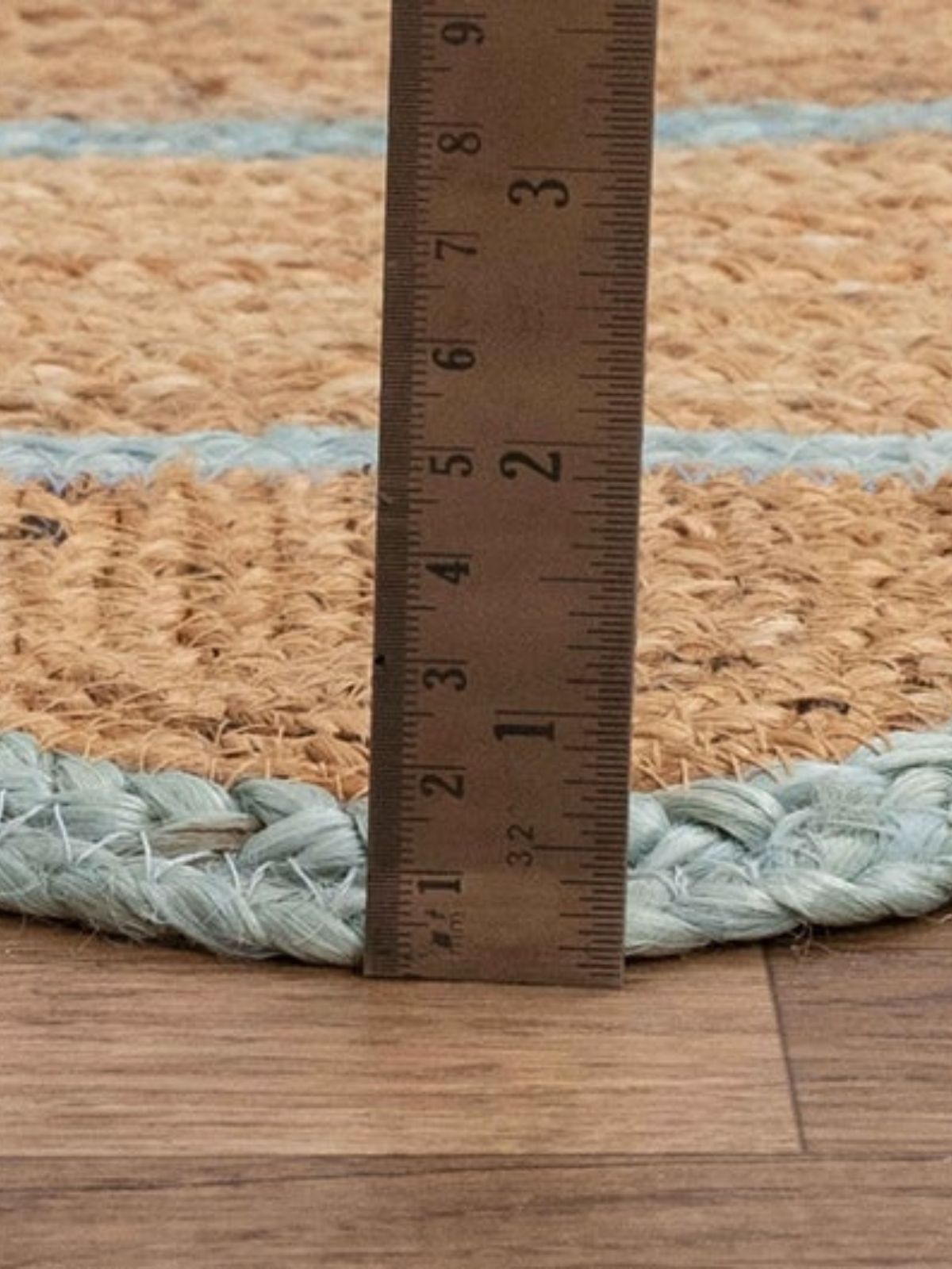 Luxor Scalloped Braided Runner-Aqua cotton stair runner styled on a staircase in a designed interior