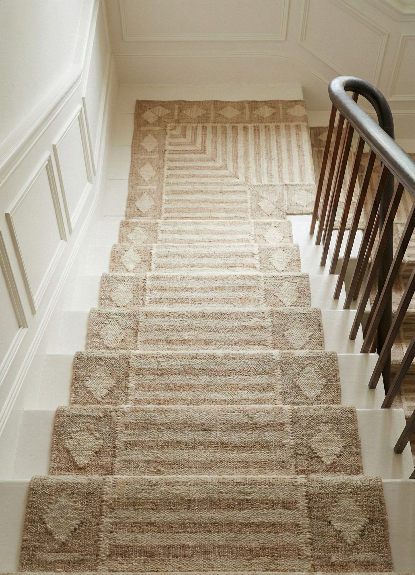 Malabar Coastal Jute Runner jute stair runner styled on a staircase in a designed interior