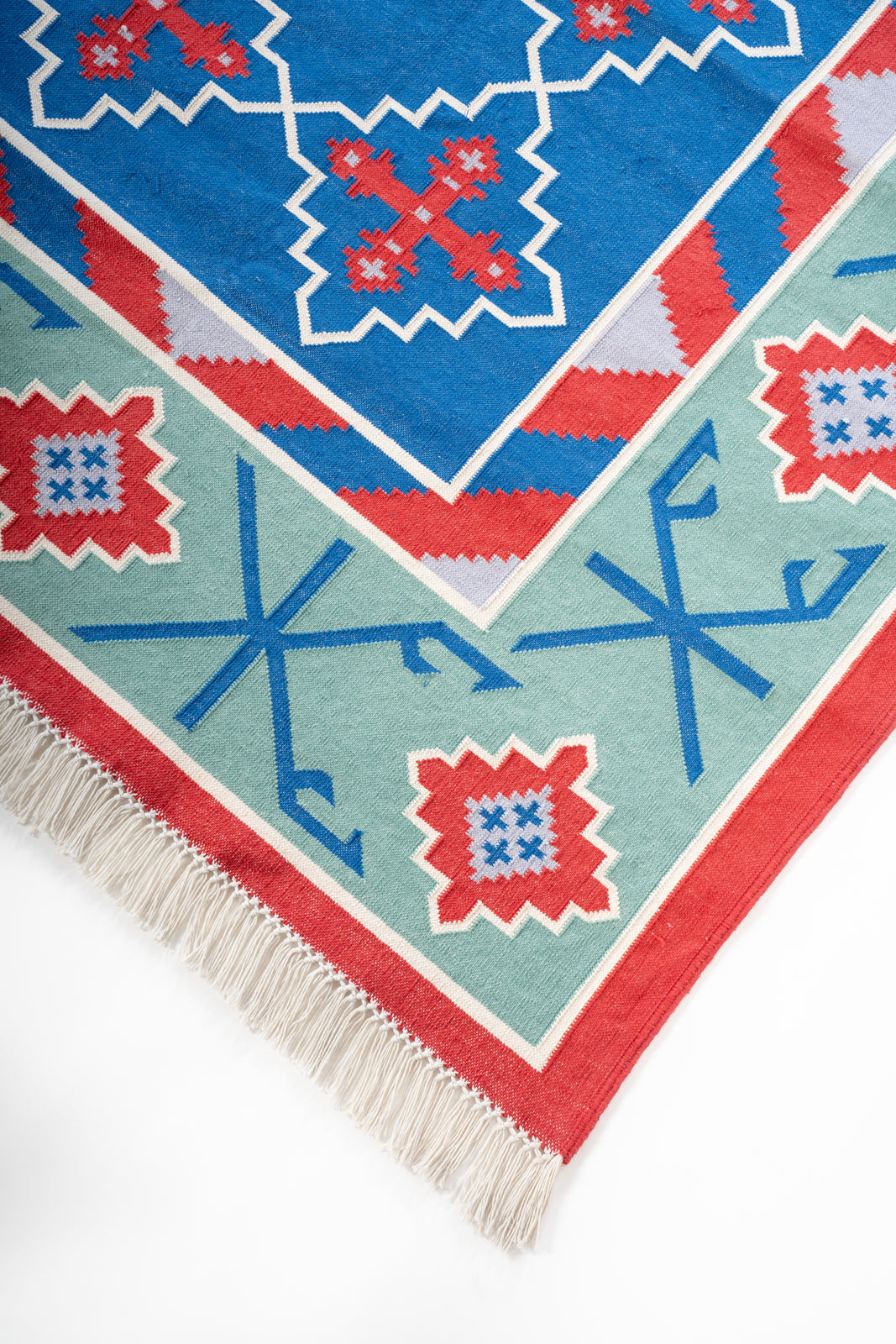 Marwar Sapphire Vintage Dhurrie Rug close-up showing the cotton weave and traditional motif