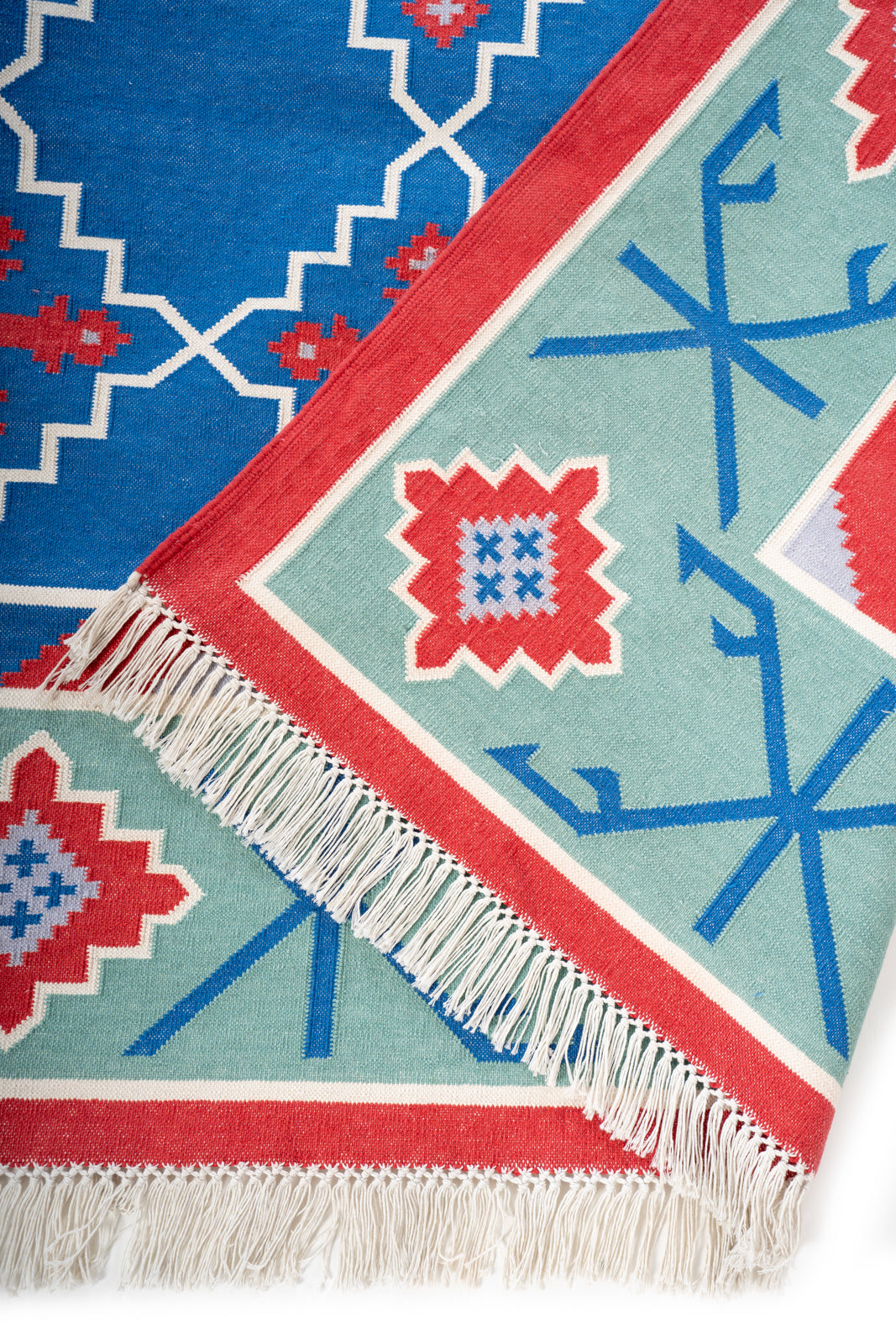 Marwar Sapphire Vintage Dhurrie Rug detail of the traditional motif in cotton